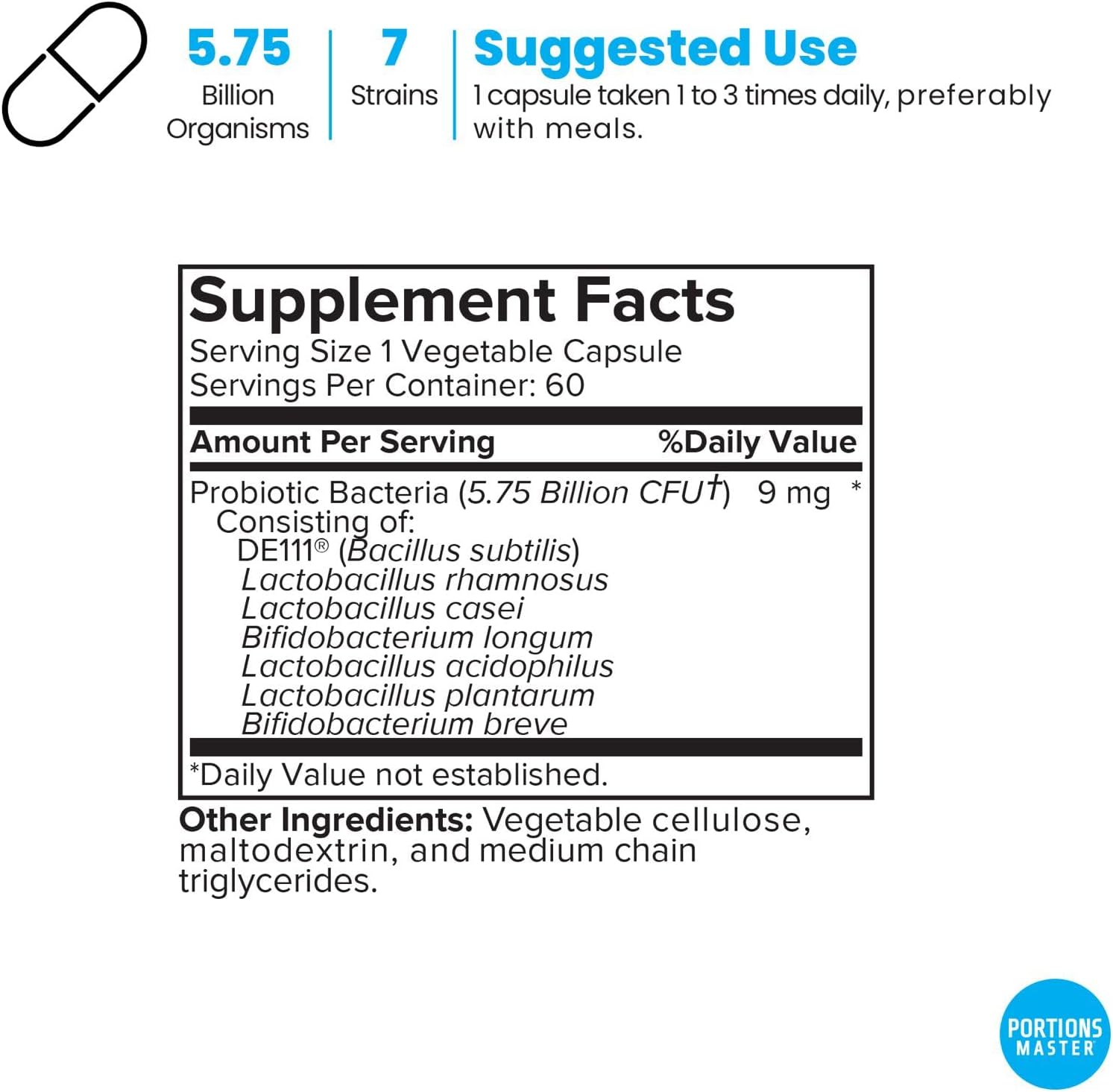 Portions Master Probiotics 5.75 Billion CFU, Daily Probiotic and Organic Prebiotic Supplement for Gut Health, Digestive Support and Immune Balance, Non-GMO, Gluten-Free, Dairy-Free (60 Capsules) - Image 2