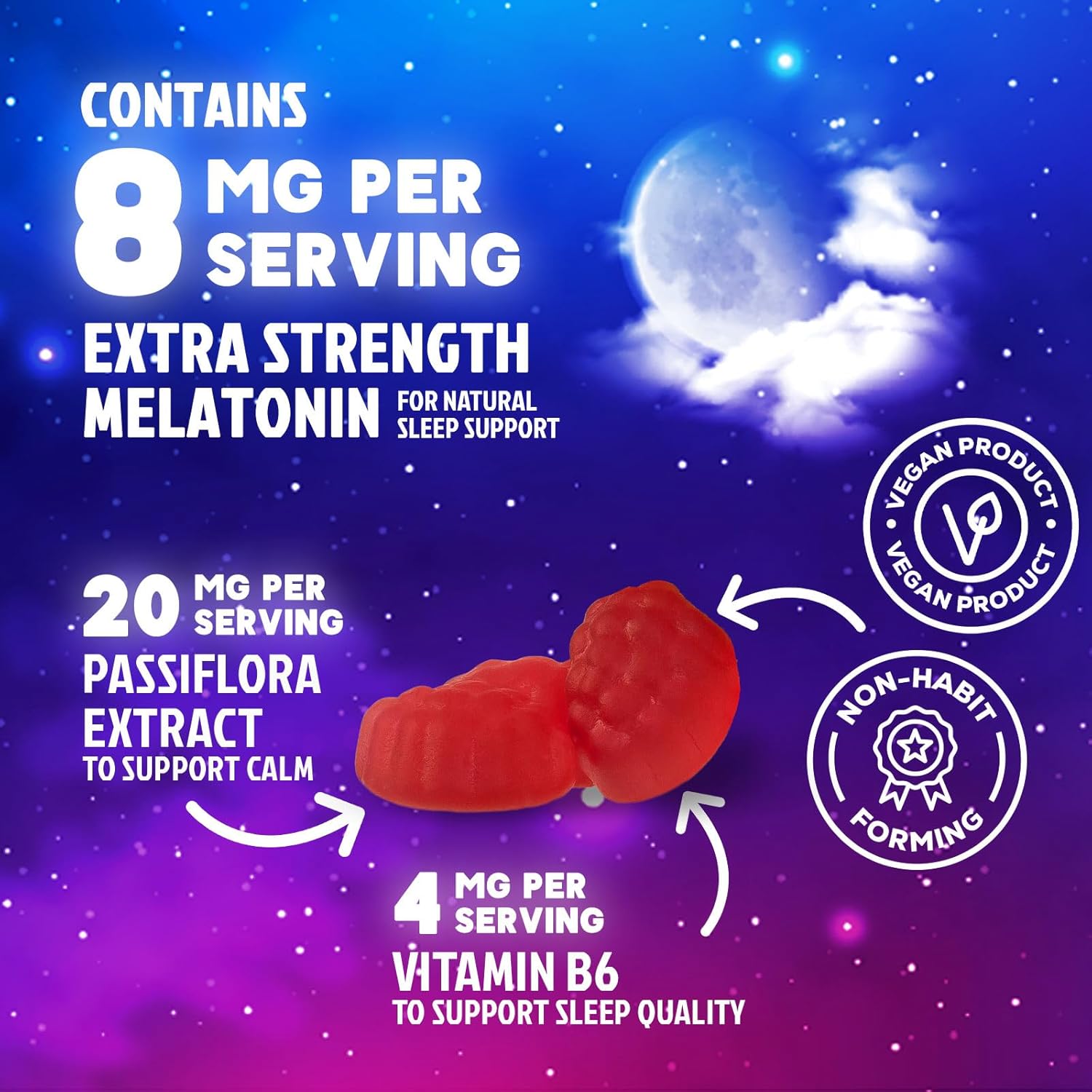 Sleep Gummies - 8mg Melatonin Per Serving - With Passiflora Extract for Restful Sleep - Fast Acting Melatonin Sleep Gummy Supplement for Adults, Vegan, Non-GMO, Tasty Strawberry Flavor - 60 Gummies - Image 3