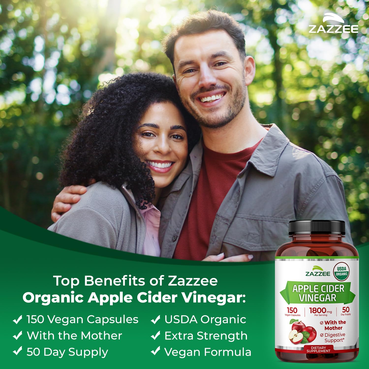 Zazzee USDA Organic Apple Cider Vinegar, With the Mother, 1800 mg per Serving, 150 Vegan Capsules, 50 Day Supply, Fermented ACV, Digestive Support Formula, All-Natural, Non-GMO, Made in the USA - Image 5