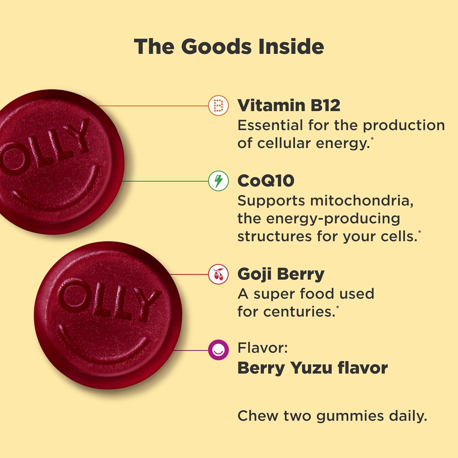OLLY Extra Strength Daily Energy Gummy, Caffeine Free Cellular Energy Production,* 1000 mcg Vitamin B12, CoQ10, Goji Berry, Adult Chewable Supplement, Berry Yuzu Flavored, 30 Day Supply - 60 Count - Image 2