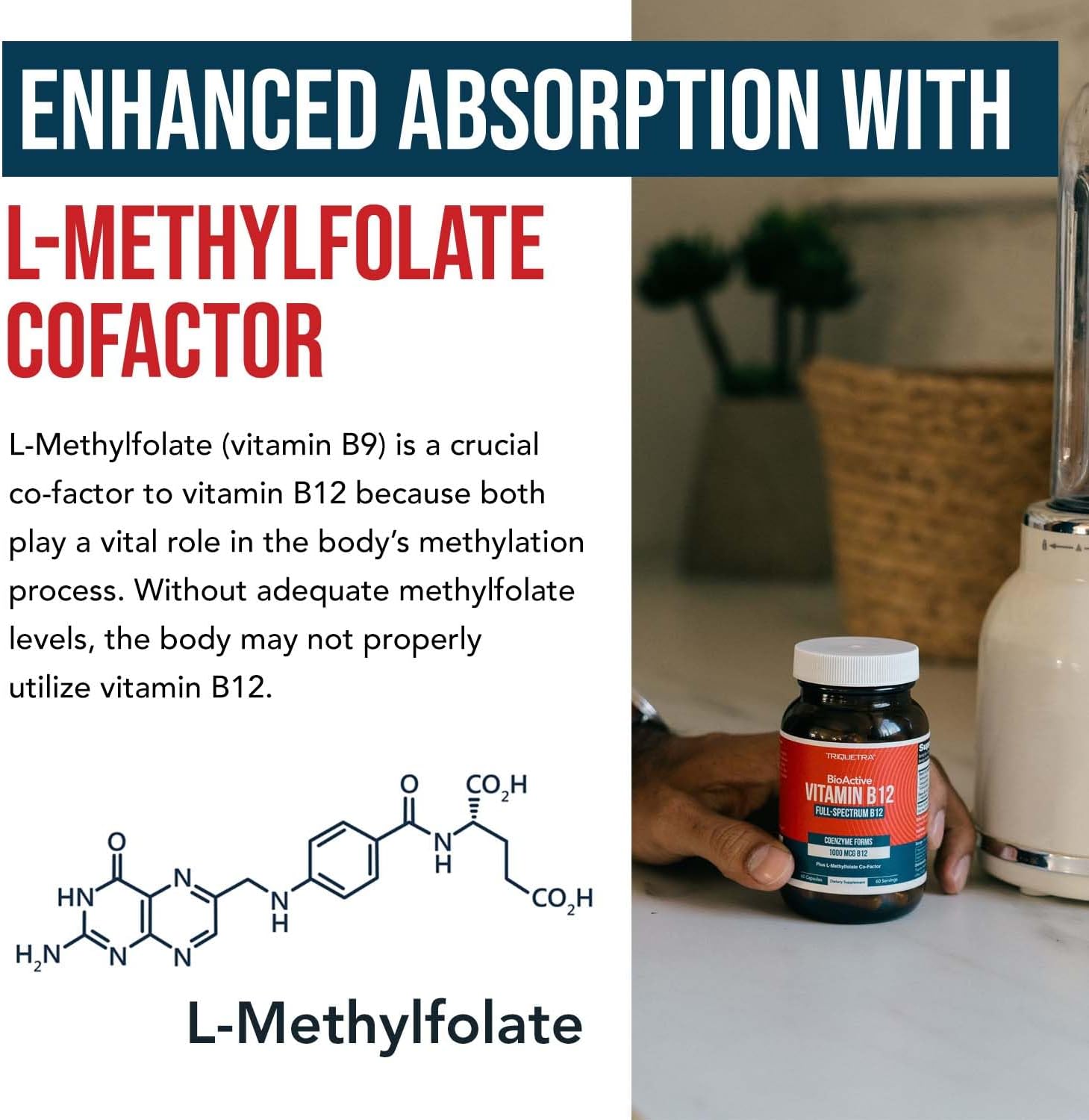 BioActive Vitamin B12 - 1000 mcg, Contains All 3 Coenzyme Forms (Methyl, Adenosyl & Hydroxy) Plus Methylfolate Cofactor | Supports Energy, Metabolism & Mood | Vegan, Non-GMO (60 Servings) - Image 4