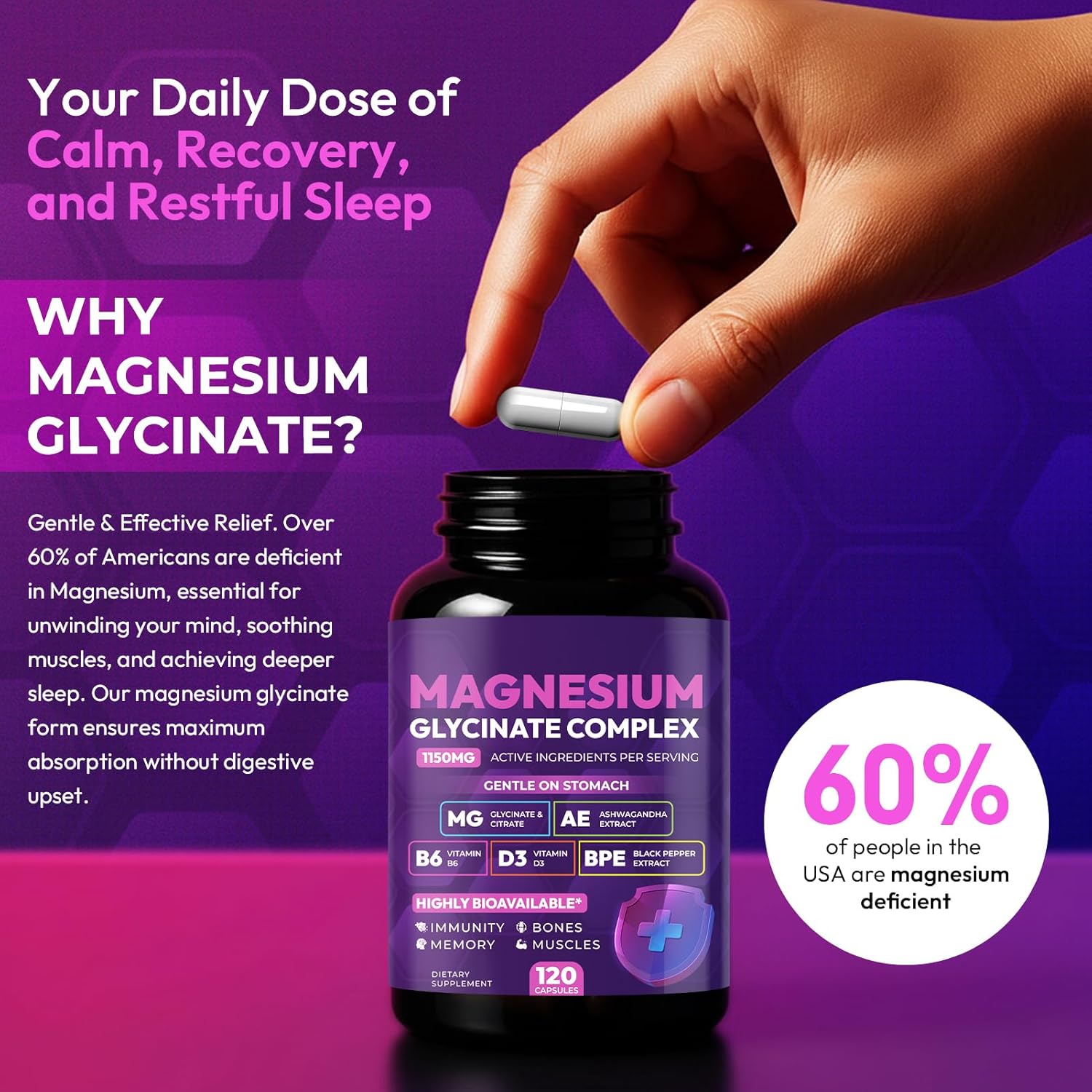 Magnesium Glycinate Complex 1150mg - Gentle on Stomach High Absorption Magnesium Capsules with Citrate, Silica, Ashwagandha & Vitamin B6 for Zzz, Stress Relief, Muscle Support for Adults, Women & Men - Image 5