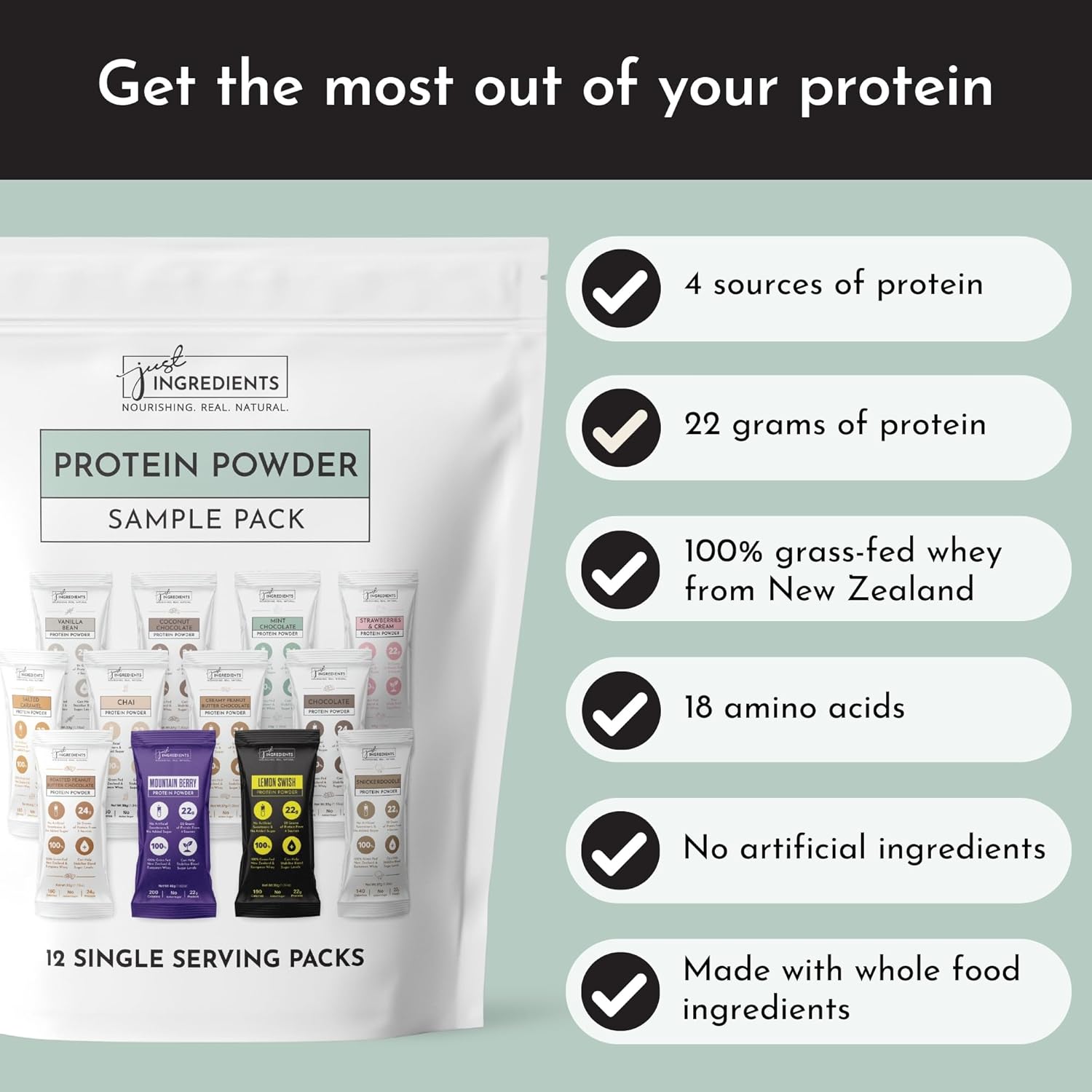 Protein Powder Made with 100% Grass Fed, Non Denatured Whey | Four Different Protein Sources from Organic Whole Food Ingredients | 12 Servings | 22g Protein (Sample Variety Pack) - Image 3