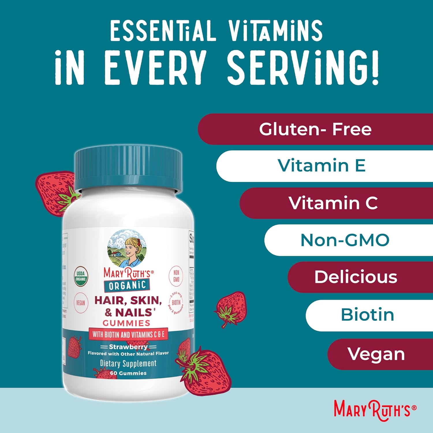 MaryRuth's Hair Skin and Nail Vitamins | USDA Organic | 2500 mcg Biotin Gummies with Vitamin C & Vitamin E | Hair Growth Vitamins | Skin Care | Nail Growth | Ages 14+ | 60 Count - Image 7