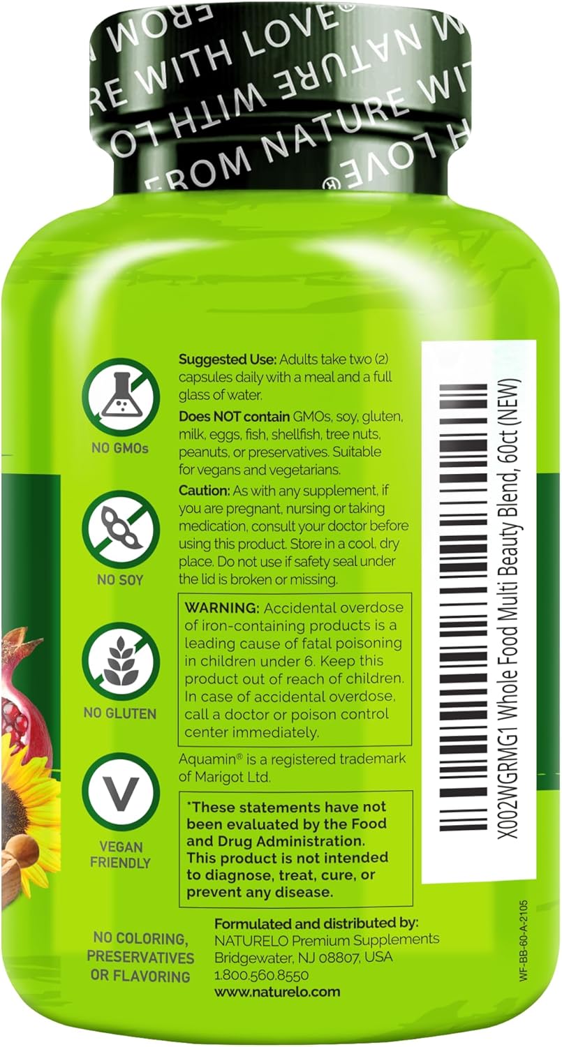 NATURELO Whole Food Multivitamin with Extra Hair, Skin and Nails Support - Beauty Blend with Hyaluronic Acid & Grape Seed - High Potency Biotin, Vitamin C, and Glutathione - 60 Vegan Capsules - Image 7