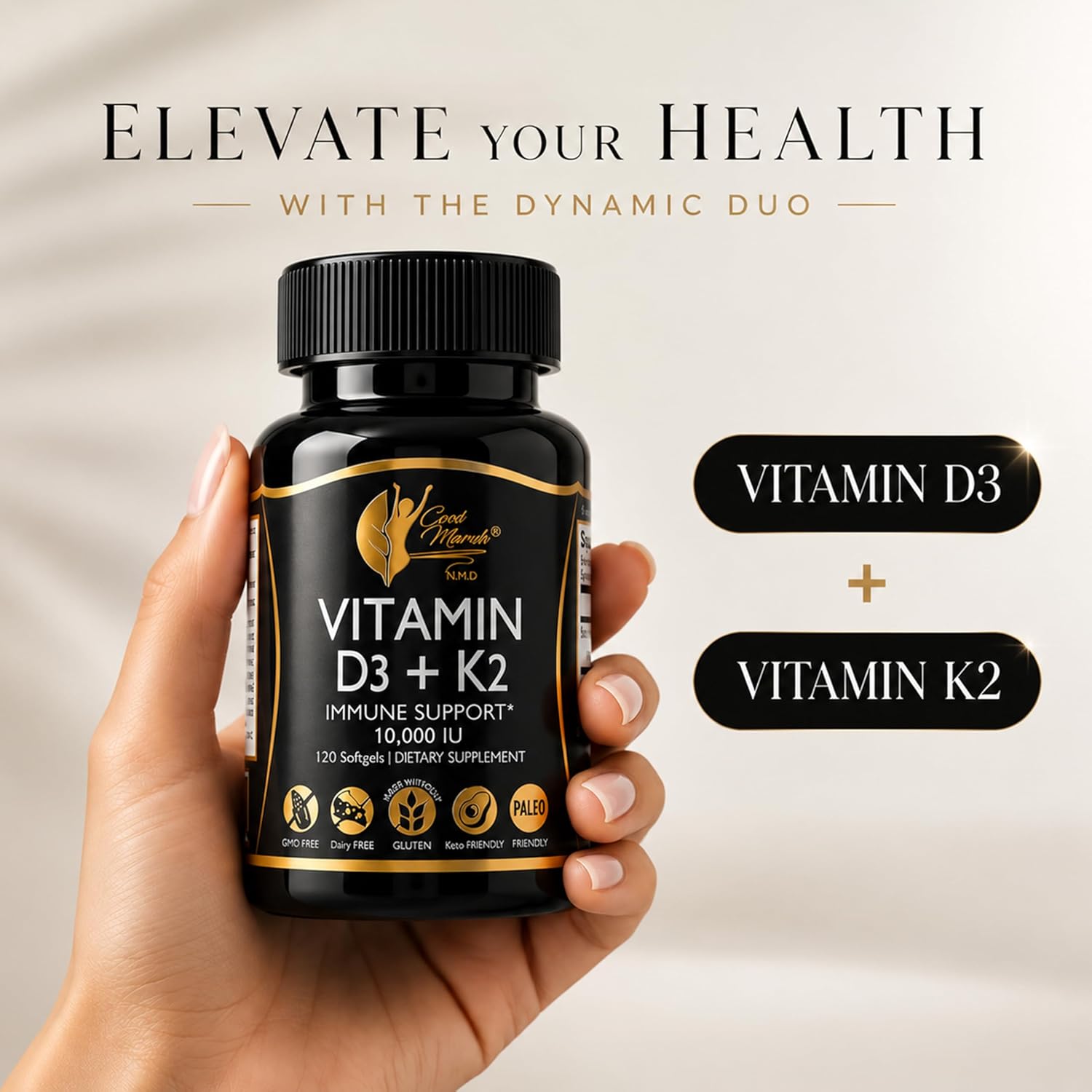 Cocó March N.M.D Vitamin D3+K2 10,000 IU - High Potency Supplement for Women & Men, Immune Support, Bone & Joint Health - Gluten-Free, Non-GMO, 4 Month Supply, 250 mcg D3, 180 mcg of Vitamin K2 - Image 5