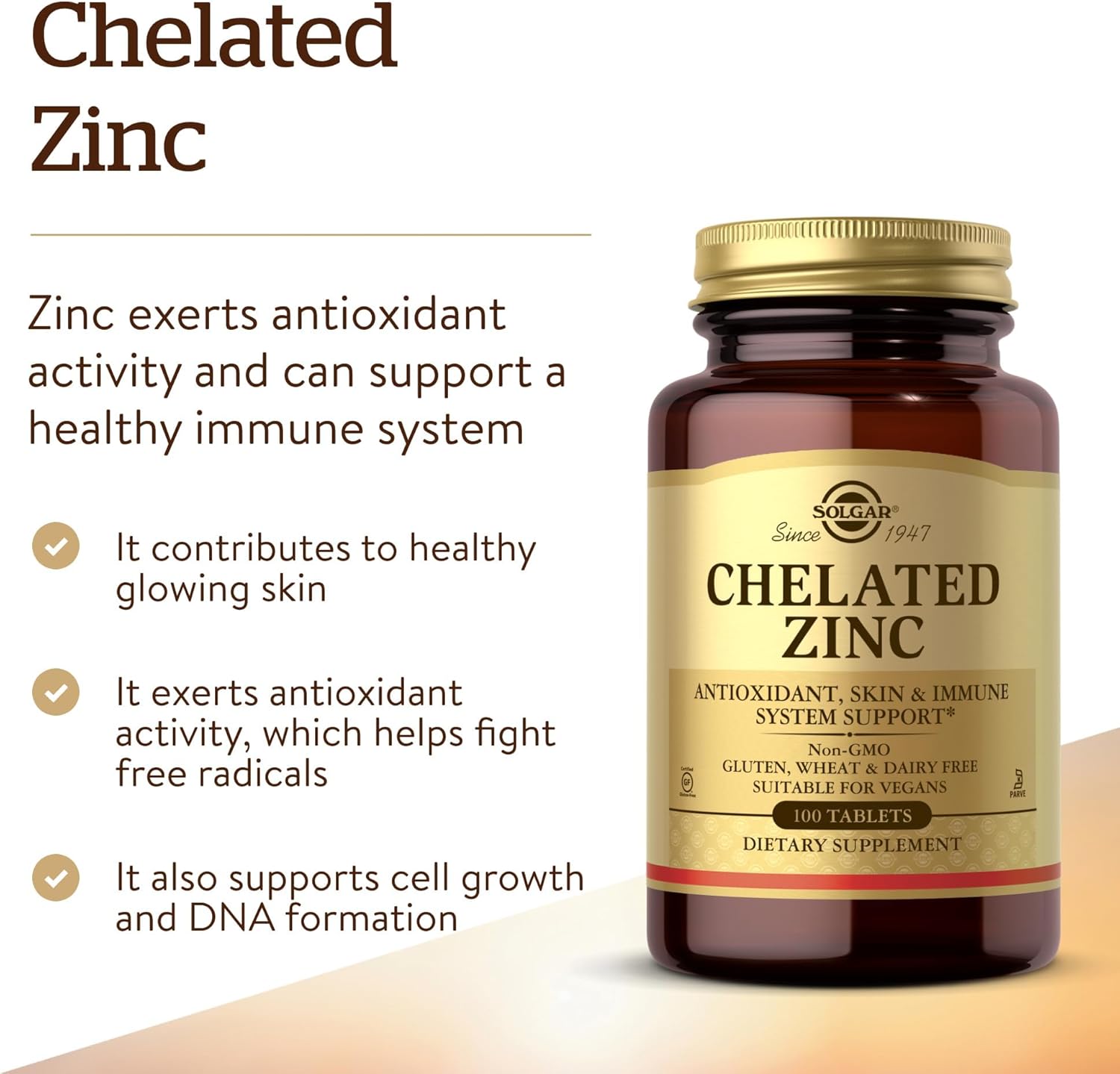 Solgar Chelated Zinc, 100 Tablets - Zinc for Healthy Skin - Supports Cell Growth & DNA Formation - Exerts Antioxidant Activity - Supports A Healthy Immune System - Non GMO, Gluten Free - 100 Servings - Image 3