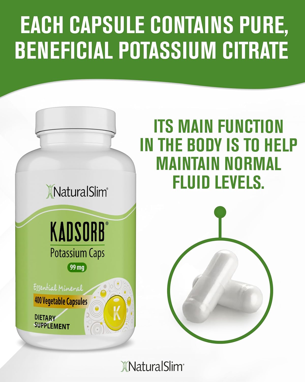 NaturalSlim Natural Potassium Citrate Gluconate 99 mg - Kadsorb Supports Electrolyte Balance & Normal pH - Absorbable Potassium Supplements with Essential Minerals - Non GMO 400 Capsules 1 Pack - Image 5