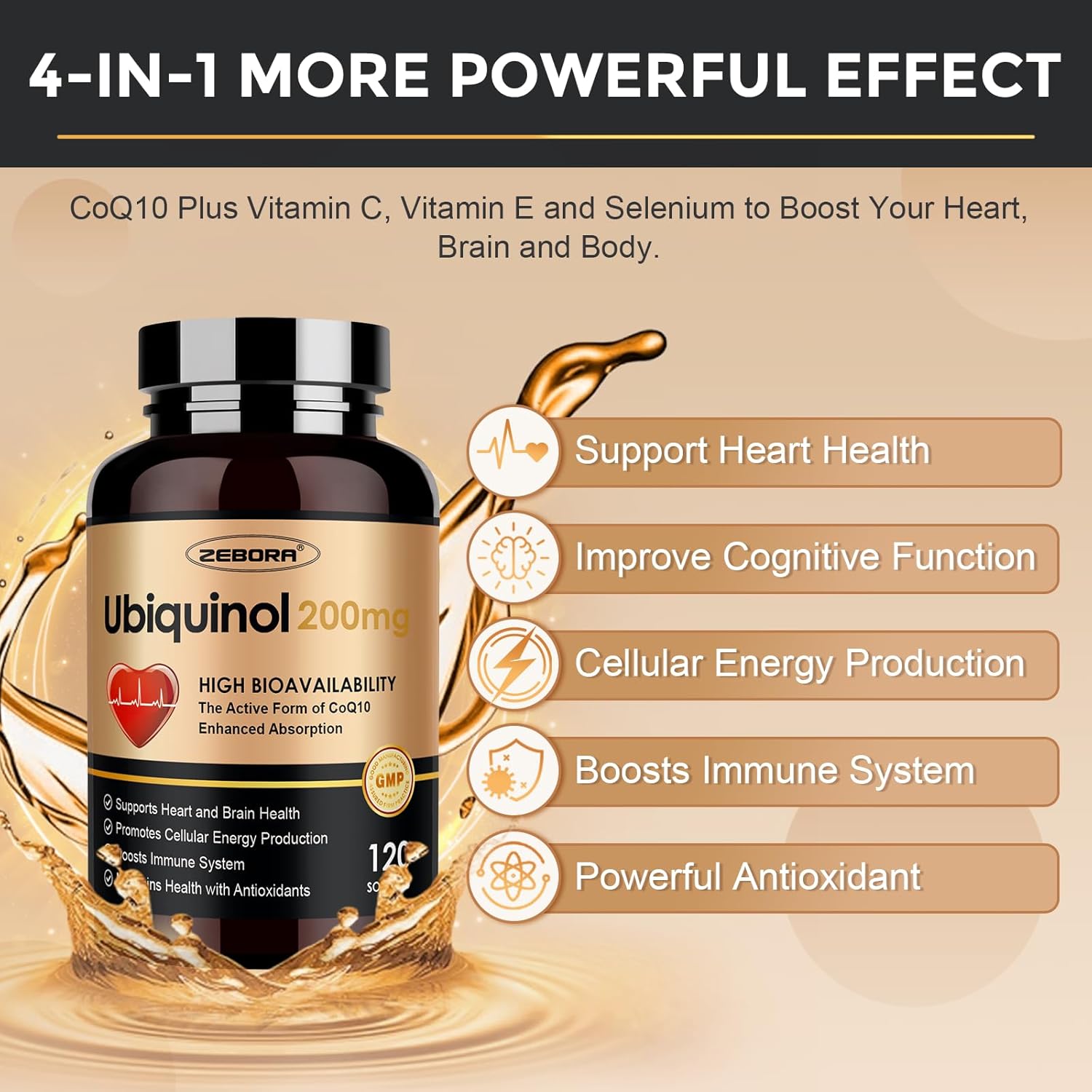 ZEBORA Ubiquinol CoQ10 200mg Softgels, 4-in-1 Powerful Antioxidant for Heart and Vascular Health, Essential for Energy Production, Max Absorption Active Form of CoQ10, 120 Softgels - Image 3