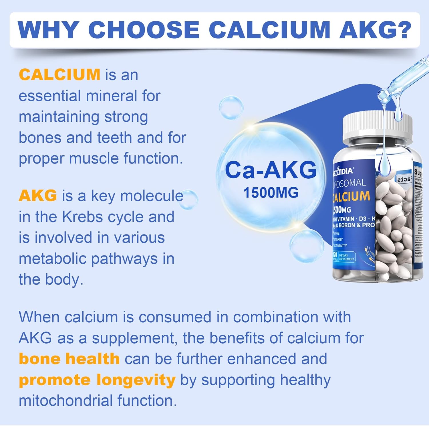 Liposomal Calcium AKG Supplement 1500mg with Vitamin D3 & K2 Softgels for Women & Men│ High Absorption│Calcium Supplements with Magnesium Glycinate, Boron, Probiotics & Vitamin C for Bone - 120 Pills - Image 3