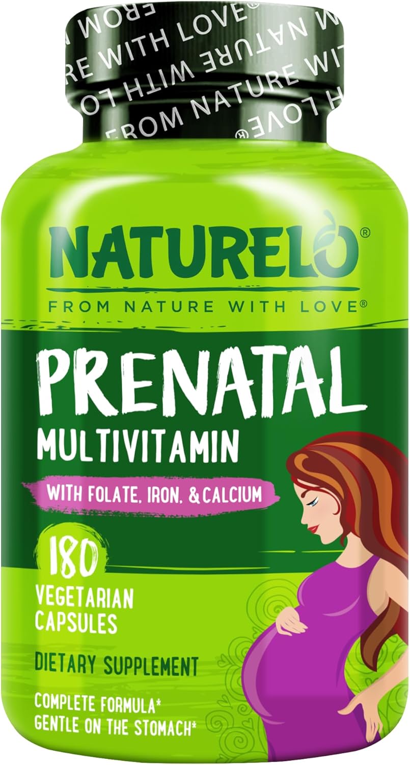 NATURELO Prenatal Multivitamin with Gentle Chelated Iron, Methyl Folate, Plant Calcium & Choline - Vegan, Vegetarian - Non-GMO - Gluten Free - 180 Capsules - 2 Month Supply