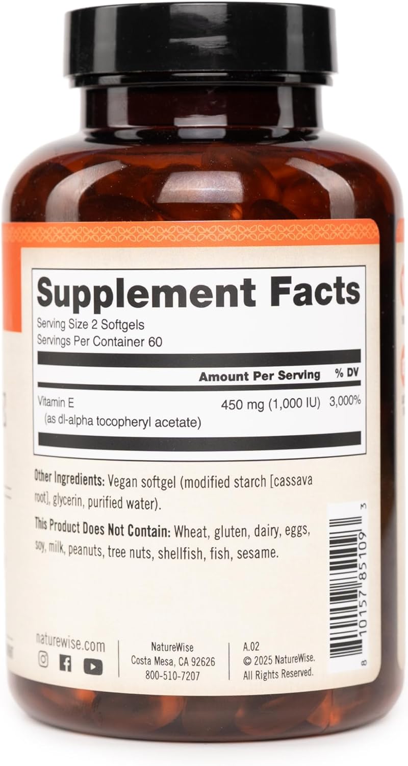NatureWise Vitamin E 1000 IU Softgels (450mg dL-Alpha) - Vegan, Gluten-Free, Soy-Free, Non-GMO Antioxidant Dietary Supplement for Skin, Heart, Eye, and Immune Health Support - 60-Day Supply, 120 Count - Image 3