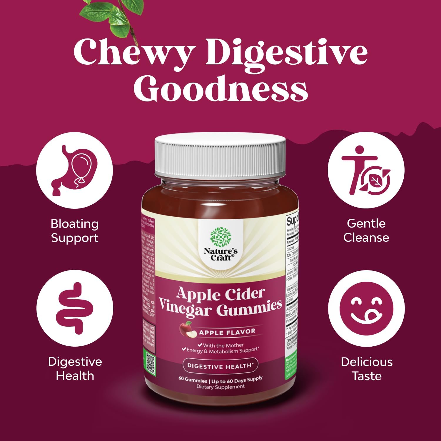 Apple Cider Vinegar Gummies with Mother - Cleanse & Detox ACV Gummies for Weight Loss, Gut Health, Bloating, Metabolism & Energy Support - ACV with Mother with B12 Vitamin, B6 & Pomegranate - 60 Ct - Image 2