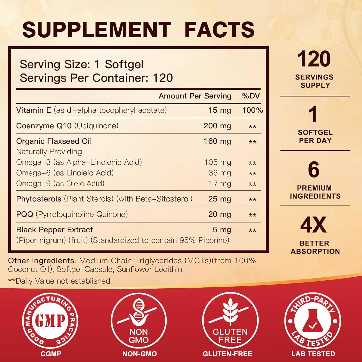 CoQ10 200mg Softgels with Vitamin E & Omega 3-6 -9 & PQQ - High Absorption Coenzyme Q10 with Bioperine | Maximum Antioxidant | Heart Supports & Cellular Energy Production Supplement | 120 Servings - Image 2