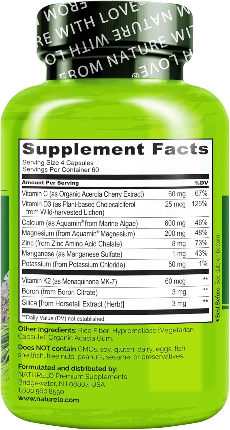 NATURELO Calcium Supplement - with Vitamin C, Vitamin D3, K2, and Calcium Magnesium Zinc for Bone Strength with Calcium 600mg - Plant-Based, 240 Vegetarian Capsules, Non-GMO, Soy & Gluten-Free - Image 7