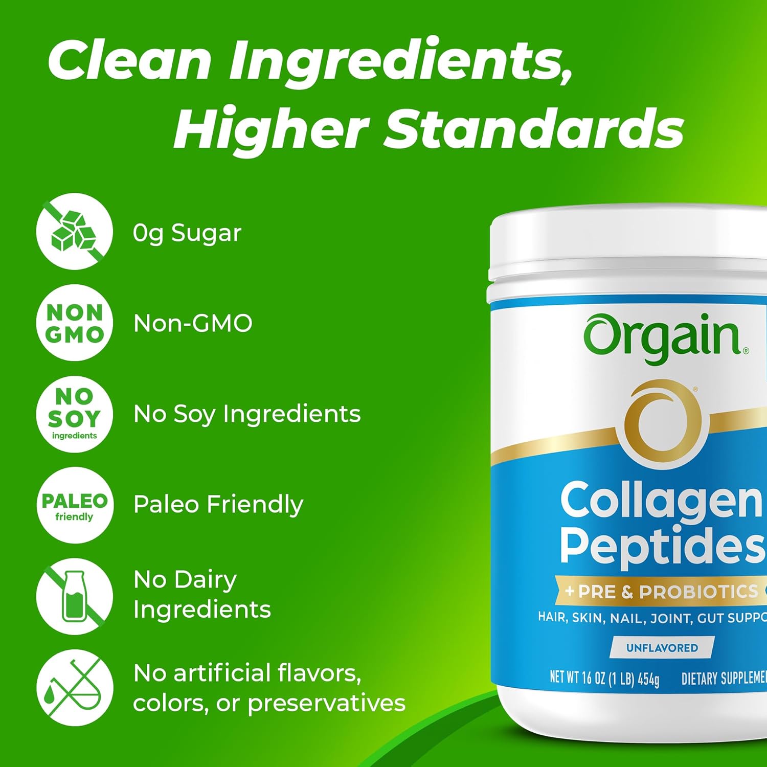 Orgain Hydrolyzed Collagen Peptides + Prebiotic & Probiotics Powder for Women & Men, 20g Grass Fed Collagen, 1 Billion CFU - Supports Digestive, Hair, Skin & Joint Health, Non-GMO, Type I & III, 1lb - Image 6