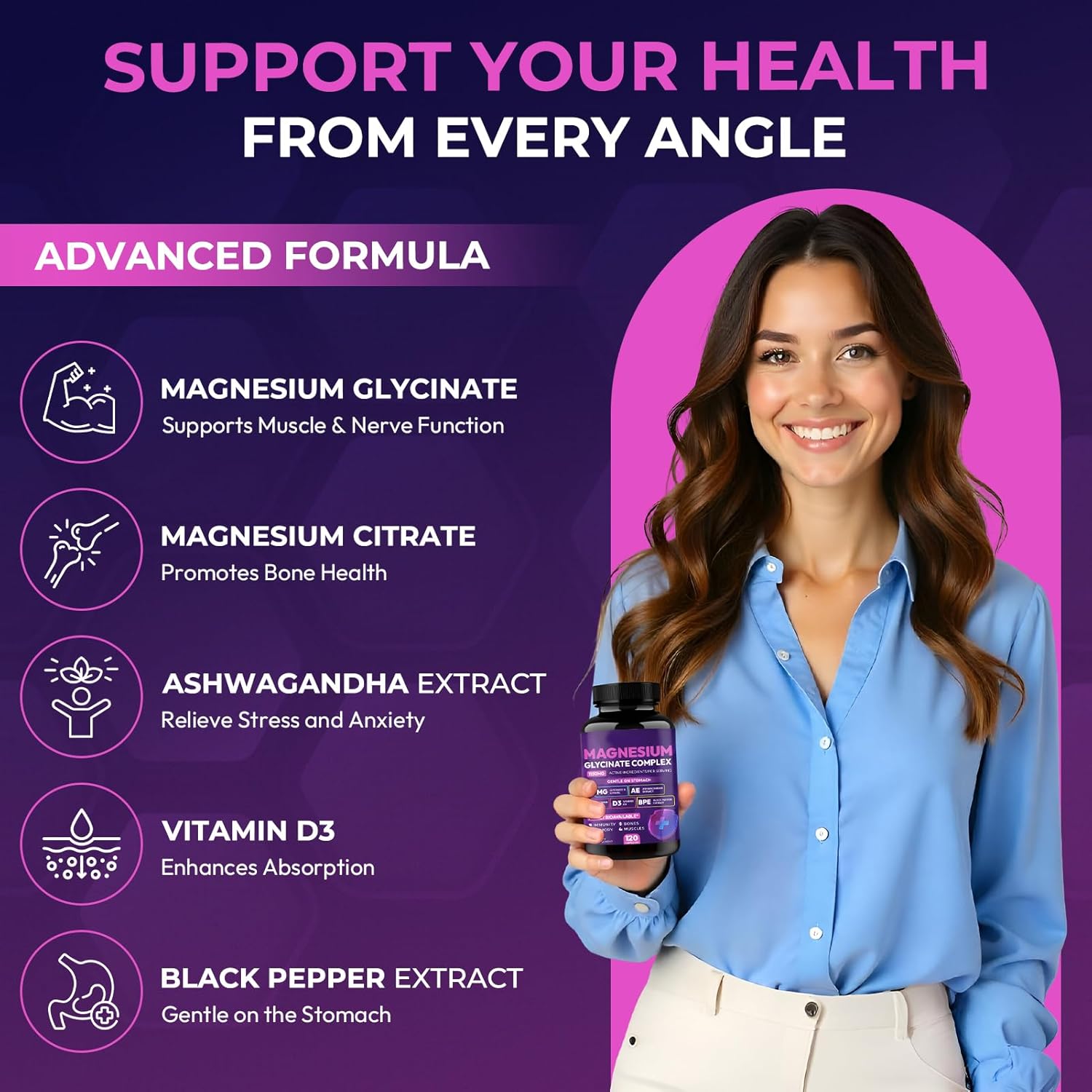 Magnesium Glycinate Complex 1150mg - Gentle on Stomach High Absorption Magnesium Capsules with Citrate, Silica, Ashwagandha & Vitamin B6 for Zzz, Stress Relief, Muscle Support for Adults, Women & Men - Image 3