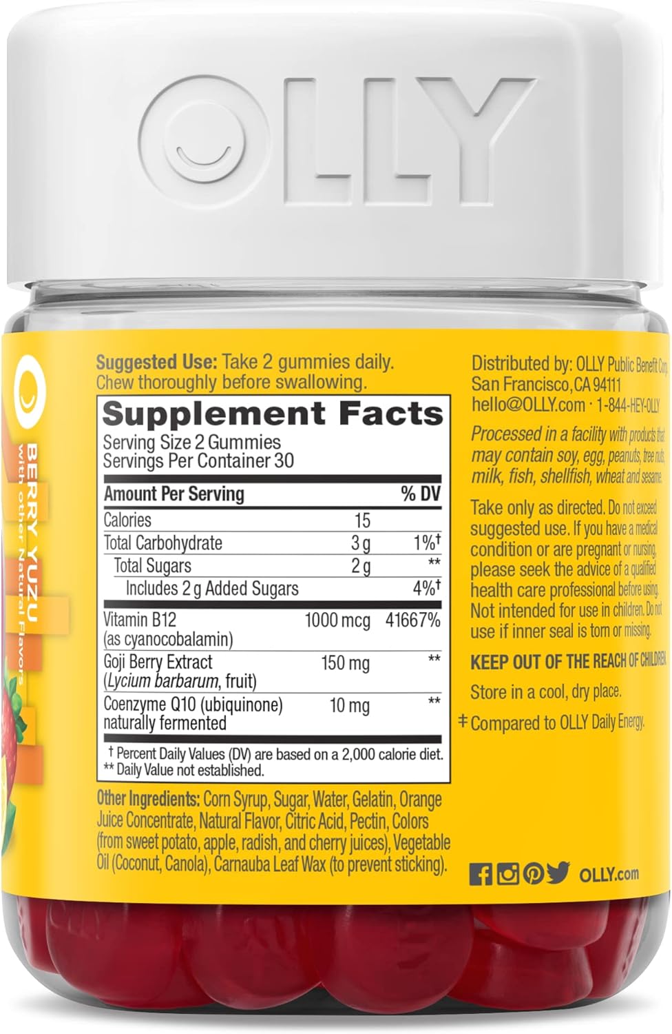 OLLY Extra Strength Daily Energy Gummy, Caffeine Free Cellular Energy Production,* 1000 mcg Vitamin B12, CoQ10, Goji Berry, Adult Chewable Supplement, Berry Yuzu Flavored, 30 Day Supply - 60 Count - Image 8