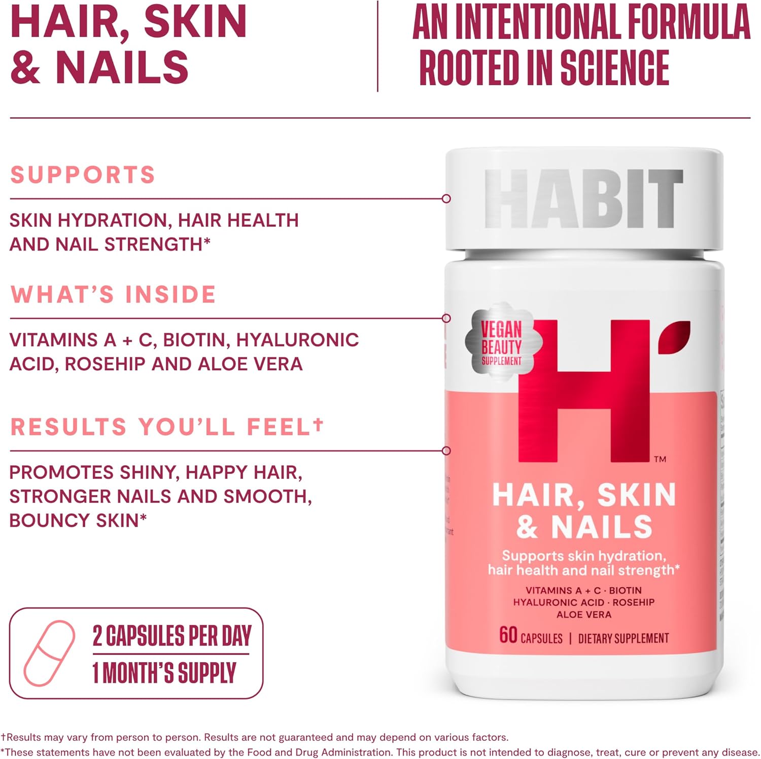 Habit Hair, Skin & Nails Supplement (60 Capsules) - New Look, Supports Skin Hydration, Hair & Nail Strength, Biotin 2000mcg, Vitamin A & C, Hyaluronic Acid, Rosehip, Vegan, Non-GMO (1 Pack) - Image 7