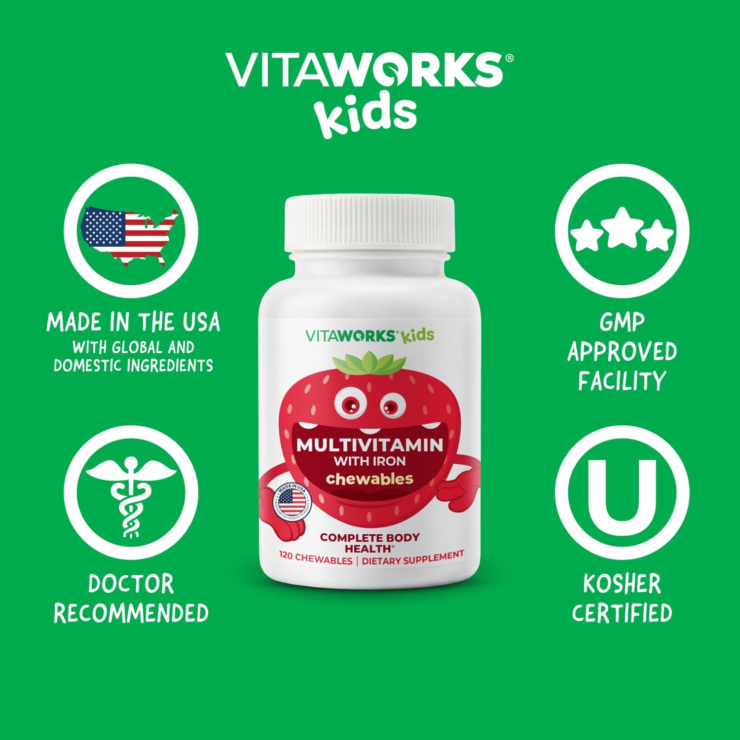 Kids Multivitamin with Iron & Minerals Chewable Tablets - Mixed Fruit Flavor - Vegetarian, GMO-Free, Nut Free - Dietary Supplement - Digestive Support for Children - 120 Chewables - Image 6