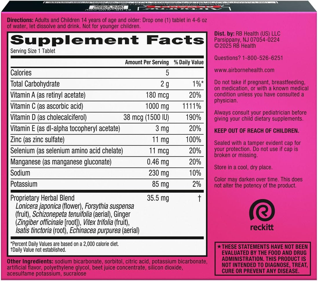 Airborne Immune Support Effervescent Tablets, Very Berry Flavor - 30ct with 1000mg Vitamin C + Vitamins A, D, E, Zinc, Selenium, Manganese & Herbal Blend - Sugar‑Free, Gluten‑Free - Image 9