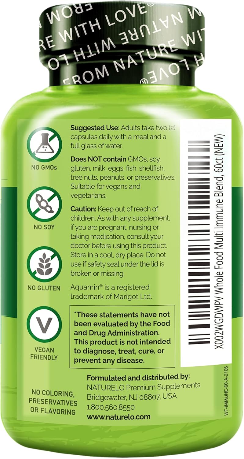 NATURELO Whole Food Multivitamin + Immune Blend with Elderberry & Mushrooms - Complete Multivitamin with Extra Immune Support - C, D3, Zinc, Elderberry, Reishi, Shitake - 60 Vegan Capsules - Image 7
