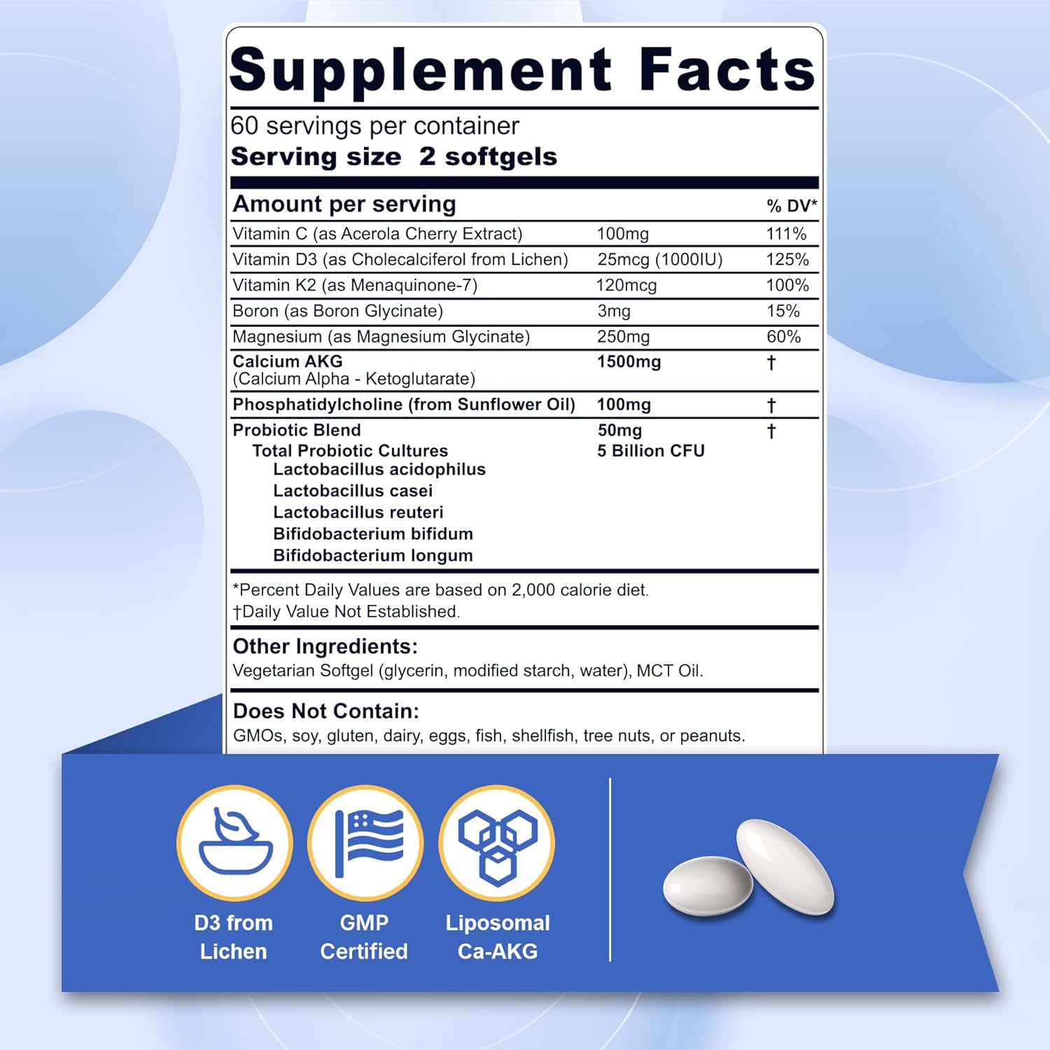 Liposomal Calcium AKG Supplement 1500mg with Vitamin D3 & K2 Softgels for Women & Men│ High Absorption│Calcium Supplements with Magnesium Glycinate, Boron, Probiotics & Vitamin C for Bone - 120 Pills - Image 2