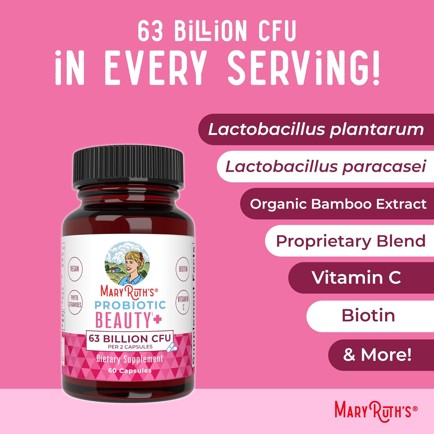 MaryRuth Organics Probiotic Beauty Capsules | Vegan Collagen Support | Anti Aging | Gut Health | Hair Skin and Nails Vitamins | Skin Care | Biotin | Non-GMO Project Verified | 60 Count - Image 7