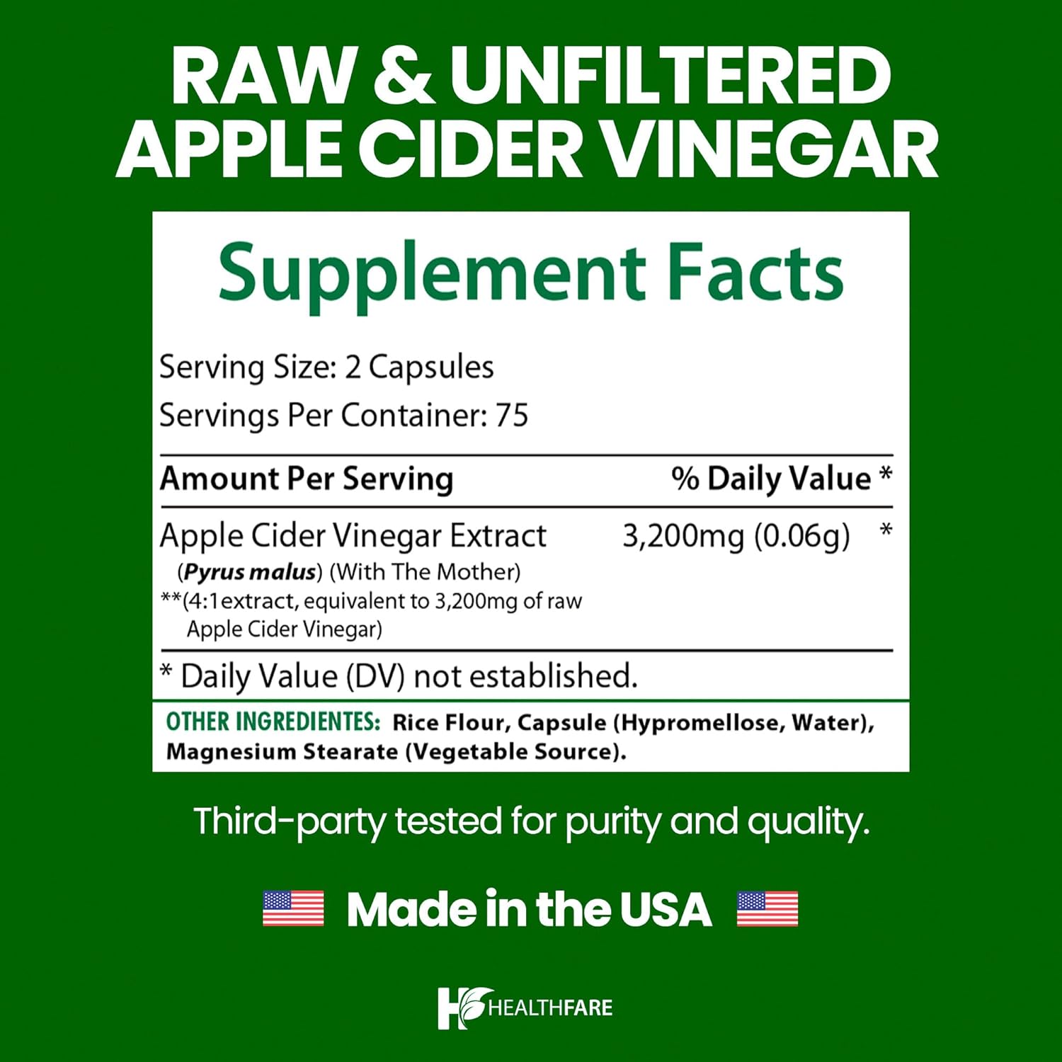 HealthFare Apple Cider Vinegar Capsules with the Mother | 3200mg Raw, Organic & Unfiltered ACV | 150 Vegan Pills | Maximum Strength Supplement for Detox & Digestion | Non-GMO, Gluten-Free, Made in USA - Image 3