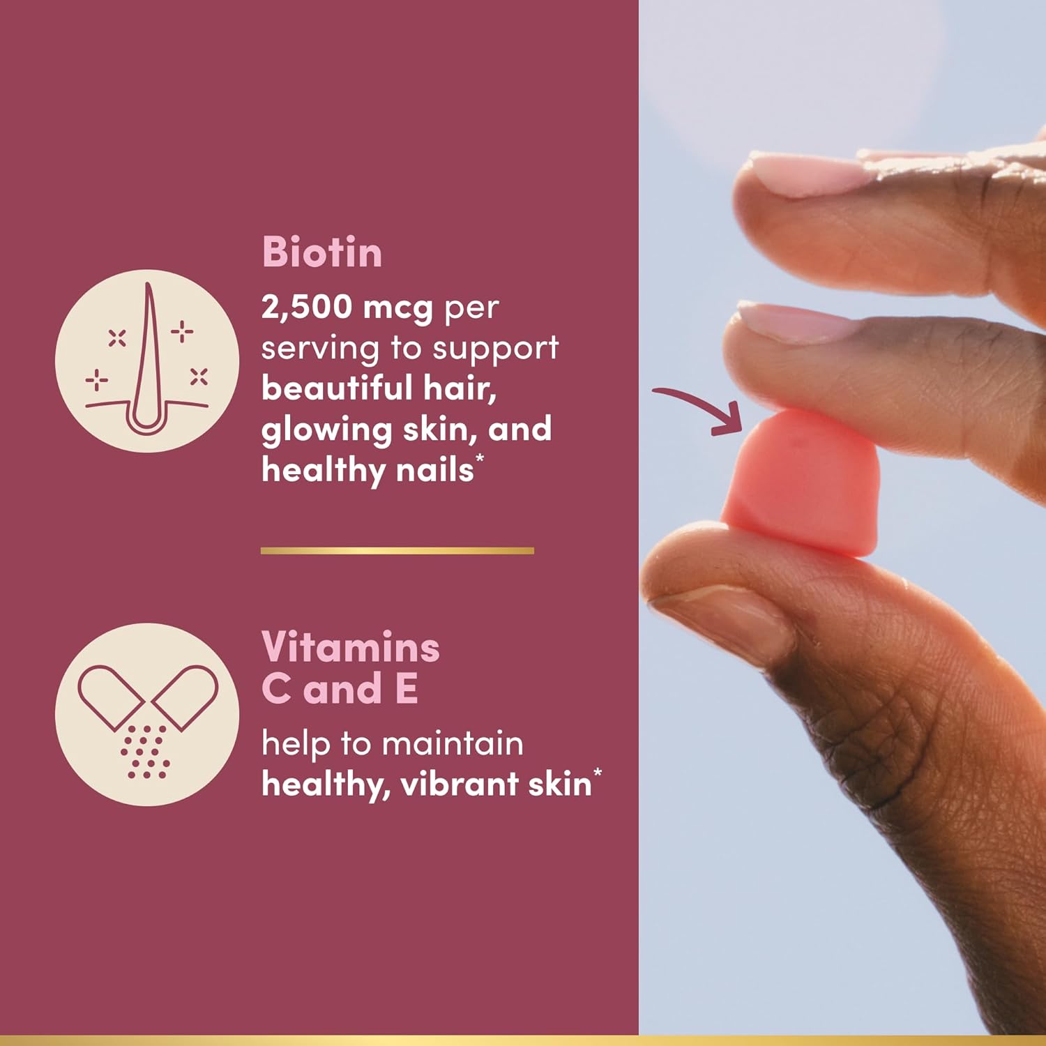 Nature's Bounty Optimal Solutions Hair, Skin and Nails Pectin Gummies, 2500 mcg Biotin Per Serving, No Stick Gummy, Vegetarian Formula, Strawberry Flavor, 200 count, 100 Total Servings - Image 4