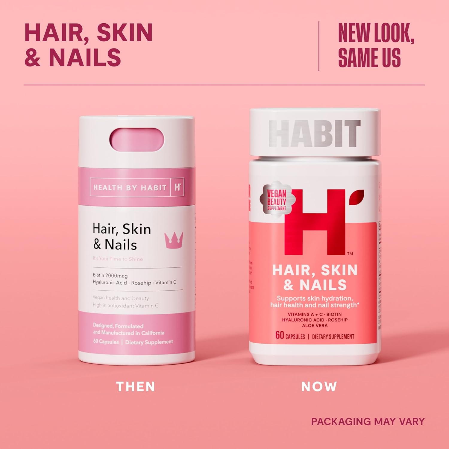 Habit Hair, Skin & Nails Supplement (60 Capsules) - New Look, Supports Skin Hydration, Hair & Nail Strength, Biotin 2000mcg, Vitamin A & C, Hyaluronic Acid, Rosehip, Vegan, Non-GMO (1 Pack) - Image 2