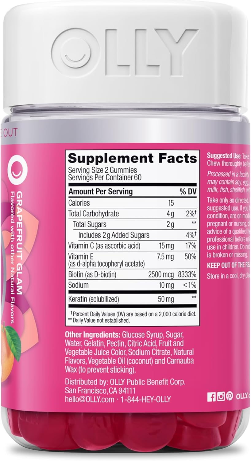 OLLY Hair Skin and Nails Gummies - Undeniable Beauty with Biotin 2500mcg Per 2 Gummies, Keratin & Vitamin C - Supports Healthy Hair, Skin, & Nails - Grapefruit Flavor - 120 Count - Image 3