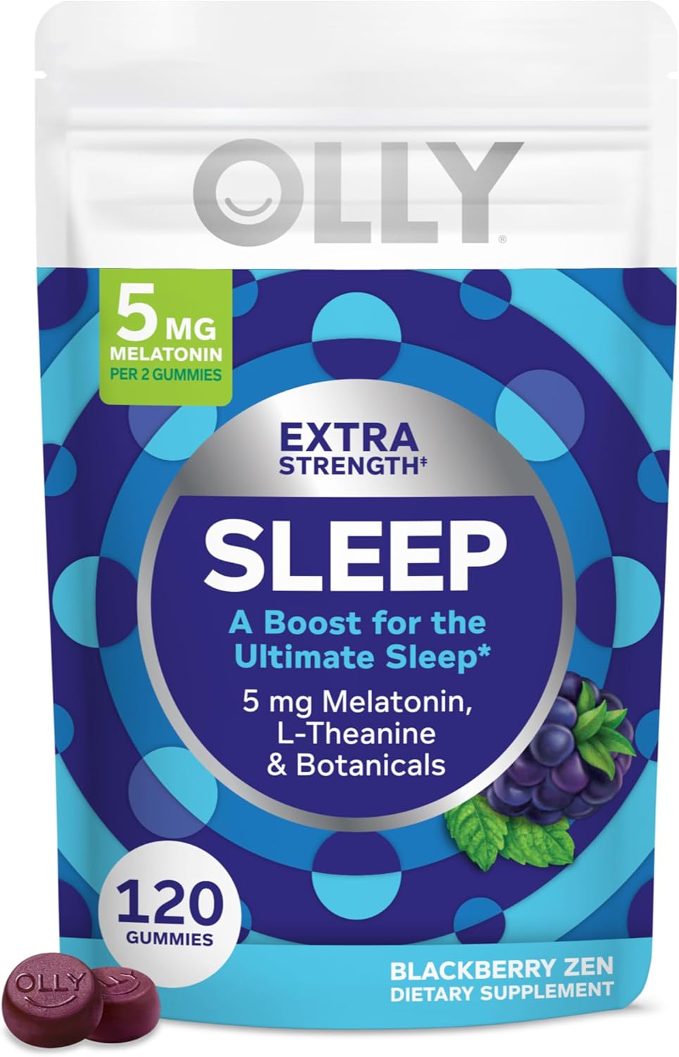 OLLY Extra Strength Sleep Gummy, Occasional Sleep Support Supplement*, 5 mg Melatonin, L-Theanine, BlackBerry Zen Flavor, 60 Day Supply - 120 Count (Packaging May Vary)