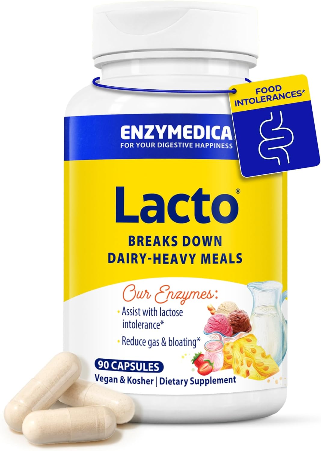 Enzymedica Lacto Digestive Enzymes for Men & Women - Lactose Intolerance Support Supplement with Lactase Enzyme, Breaks Down Dairy Heavy Meals, Helps Reduce Gas & Bloating, Gluten Free - 90 Caps