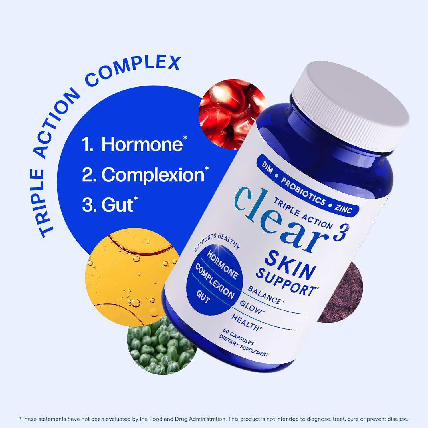 Clear Skin Supplement with Zinc, DIM & Probiotics | 3-in-1 Hormone, Gut & Complexion Support | Triple Action Hyaluronic Acid, Niaciminide & Vitamins for Skin Balance, Glow & Health Support | 60 Ct - Image 9