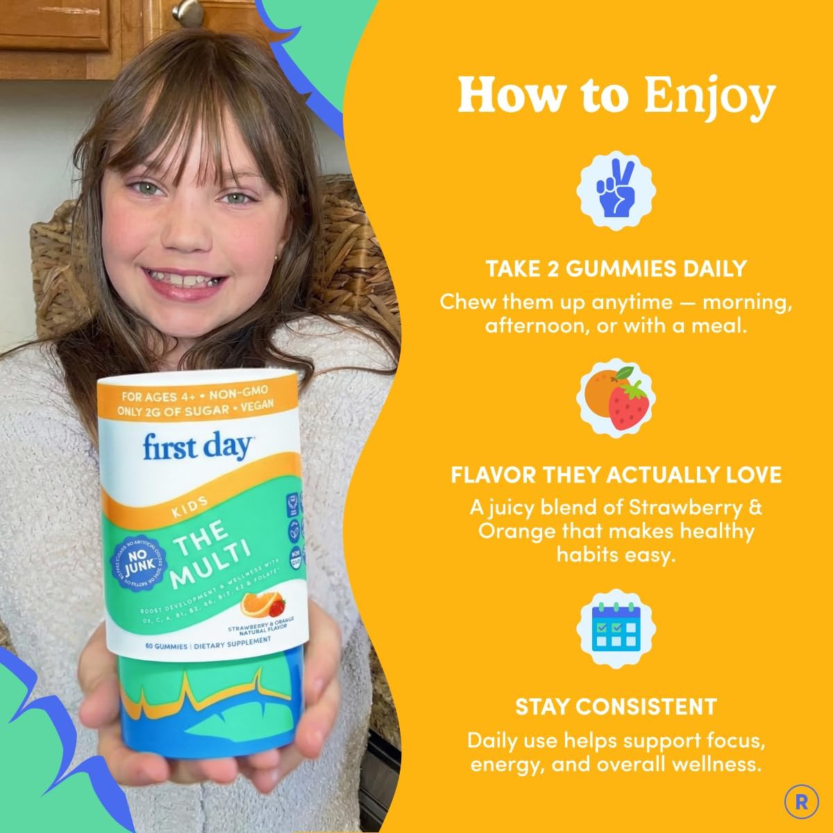 First Day Kids Multivitamin Gummies Age 4+, Strawberry & Orange - Kids Vitamins Multivitamin Gummy A C D3 K2 B1 B2 B6 B12 Folate, Immunity & Brain Function, Vegan - 30 Day Supply, Packaging May Vary - Image 8