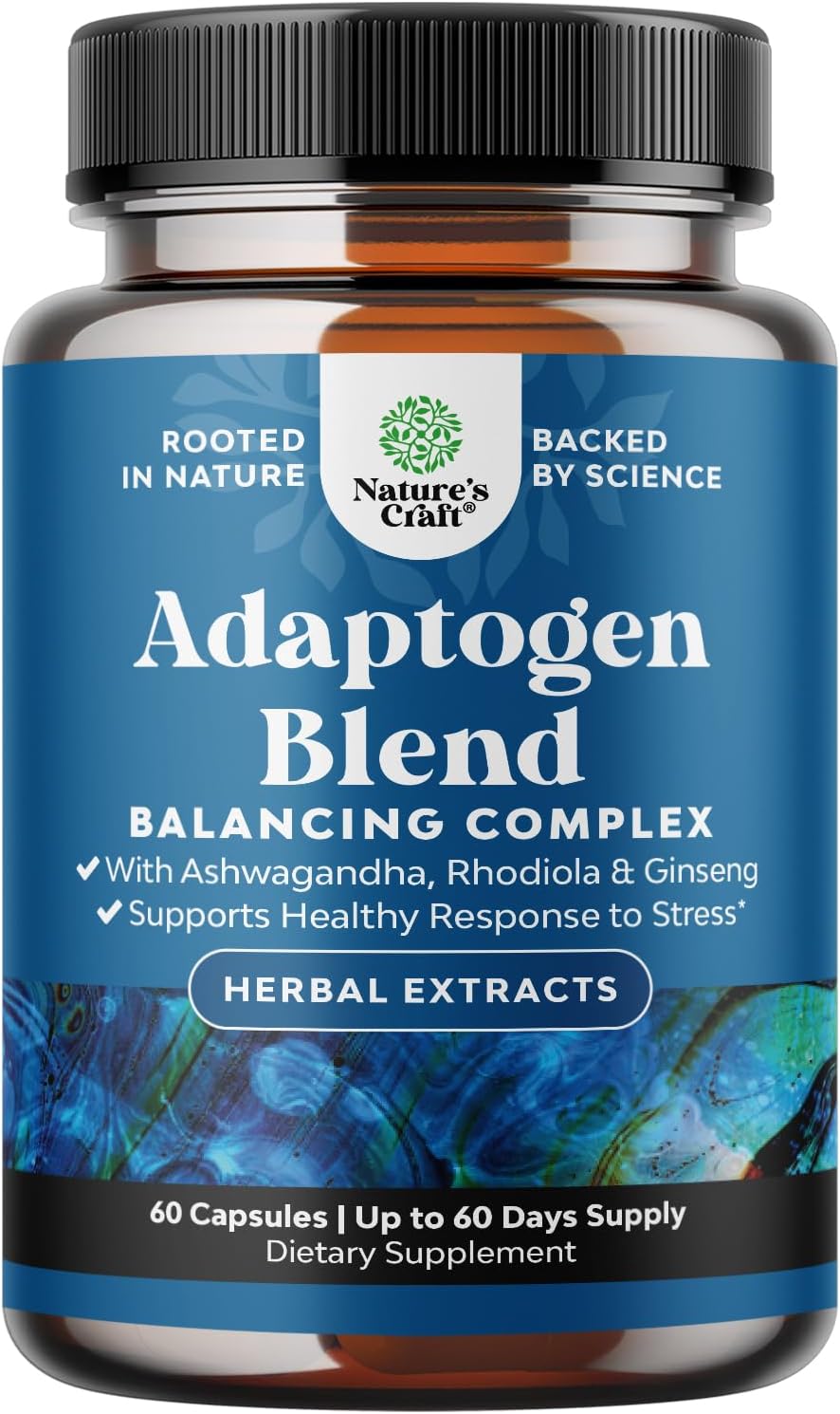 Herbal Adaptogen Mood Support Supplement - Calming Adaptogens Supplement for Stress & Cortisol Management with Ashwagandha Rhodiola Rosea & Maca Root - Vegan & Daytime Friendly - 60 Count