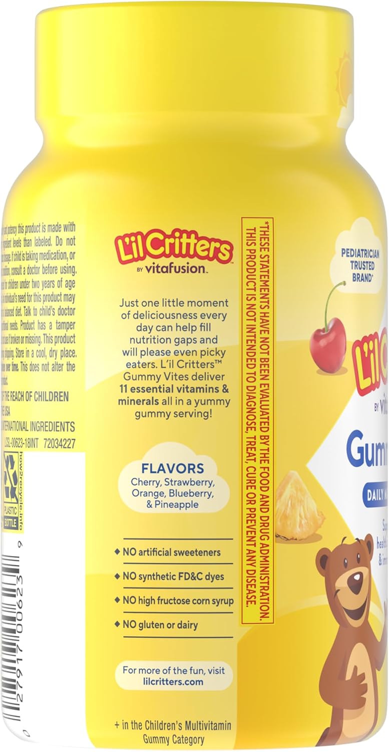 L’il Critters Gummy Vites Daily Gummy Multivitamin for Kids, Vitamin C, D3 for Immune Support Cherry, Strawberry, Orange, Pineapple and Blueberry Flavors, 70 Count Gummies - Image 3