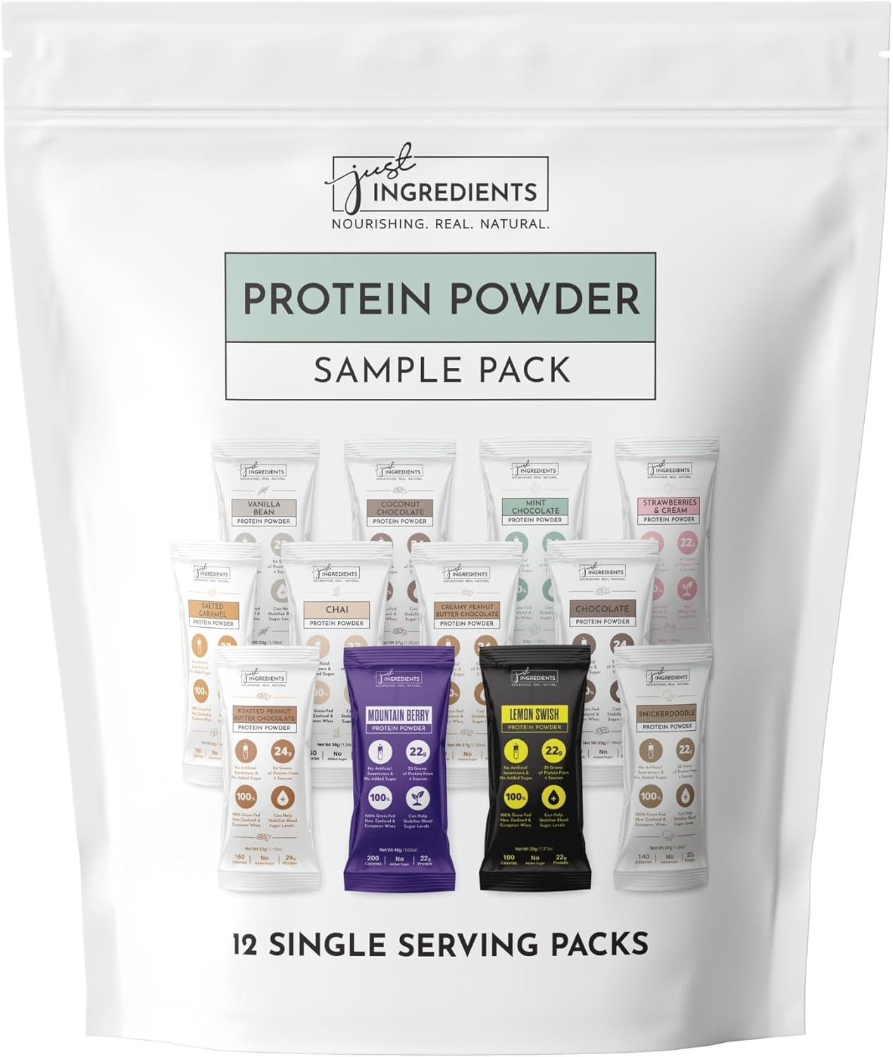 Protein Powder Made with 100% Grass Fed, Non Denatured Whey | Four Different Protein Sources from Organic Whole Food Ingredients | 12 Servings | 22g Protein (Sample Variety Pack)
