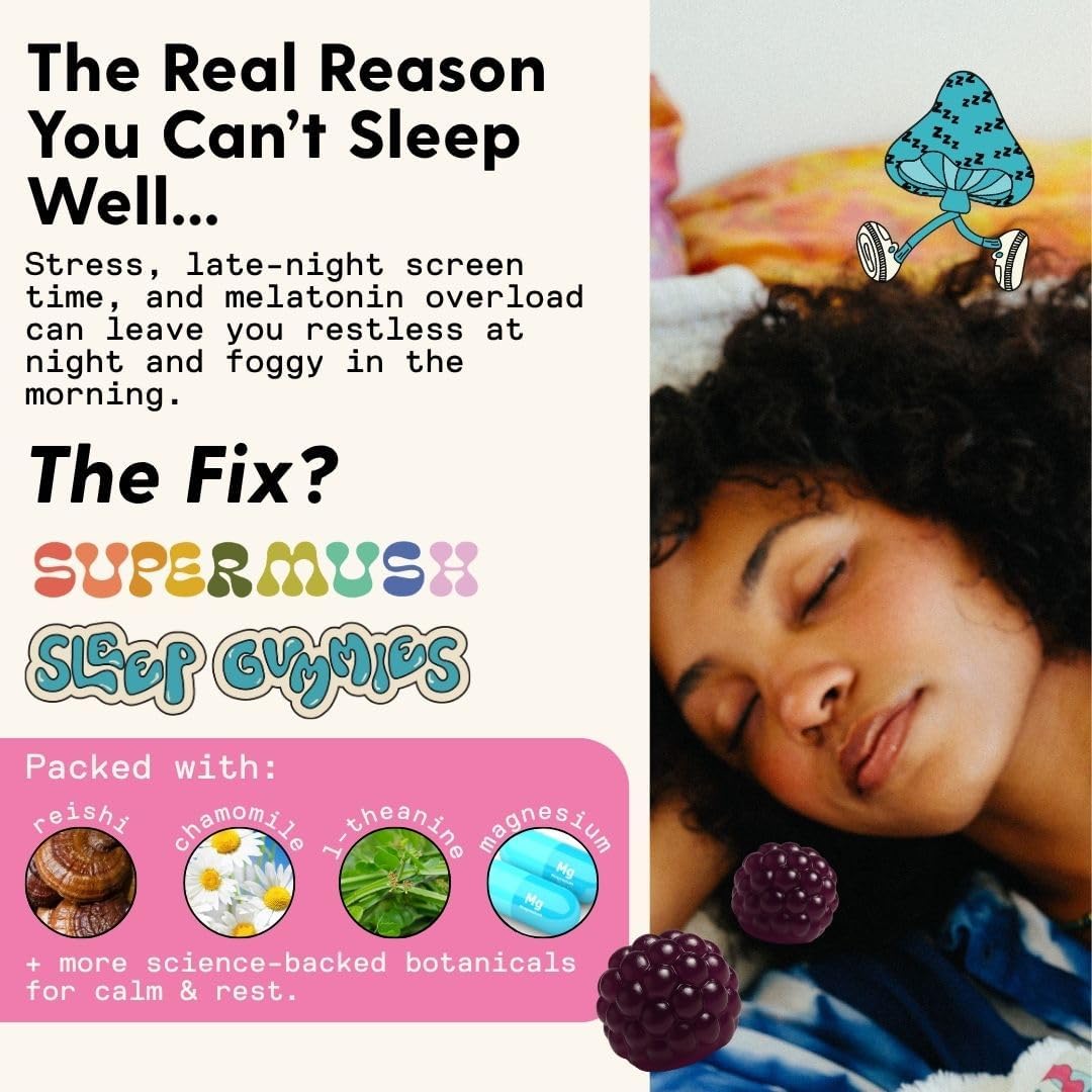 SuperMush Daily Sleep Gummies for Adults - Functional Mushroom Gummies with Magnesium, L-Theanine, Chaga, Reishi, Chamomile - Melatonin Free Sleep Aid for Deep Sleep - Vegan & Sugar-Free (60 Count) - Image 3