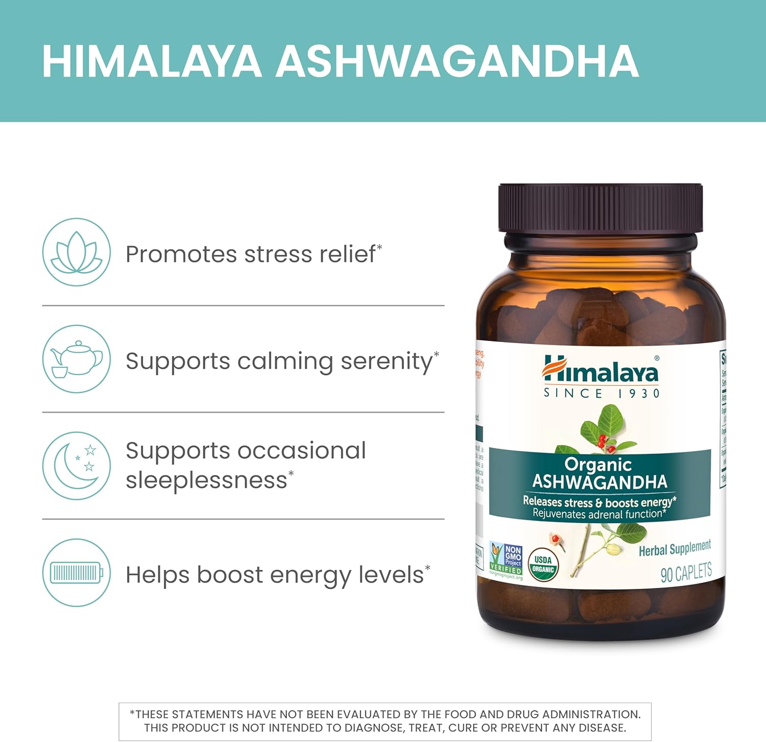 Himalaya Organic Ashwagandha Root, 30 Day Supply - Herbal Adrenal Support Supplements for Stress Relief and Energy Support - USDA Organic, Non-GMO, Vegan, Gluten Free, No Additives, 670 mg, 30 Caplets - Image 3
