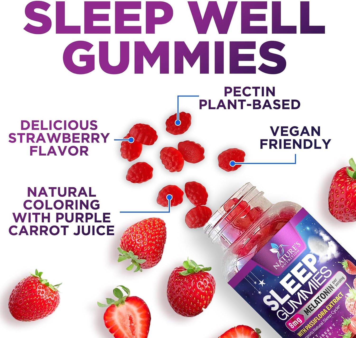 Sleep Gummies - 8mg Melatonin Per Serving - With Passiflora Extract for Restful Sleep - Fast Acting Melatonin Sleep Gummy Supplement for Adults, Vegan, Non-GMO, Tasty Strawberry Flavor - 60 Gummies - Image 5