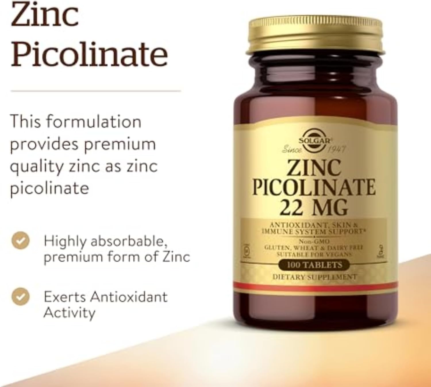Solgar Zinc Picolinate 22 mg, 100 Tablets - Promotes Healthy Skin - Supports Immune System, Normal Taste & Vision - Antioxidant – Non-GMO, Vegan, Gluten Free, Kosher - 100 Servings - Image 2