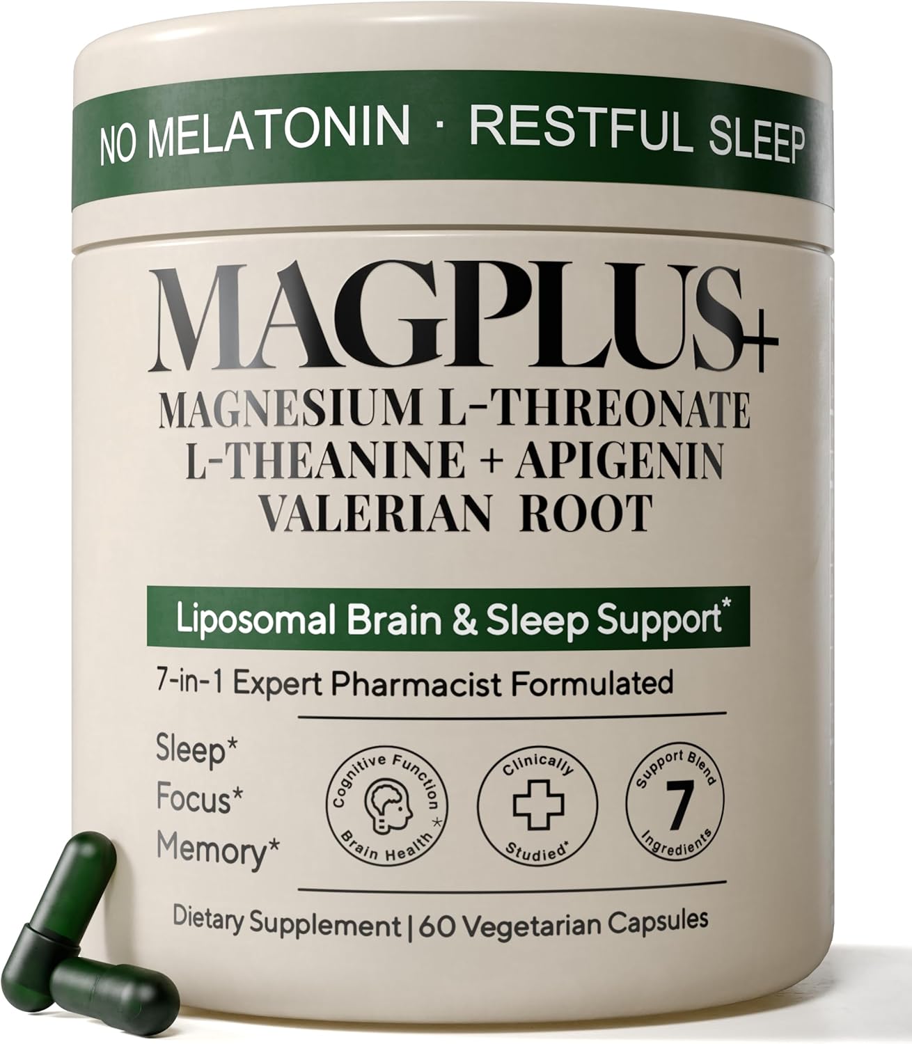 Magnesium L-Threonate with Apigenin, Valerian Root & L-Theanine – No Melatonin Restful Sleep & Brain Supplement – Clinically Studied 7-Ingredient Formula – Memory & Focus – 60 Capsules