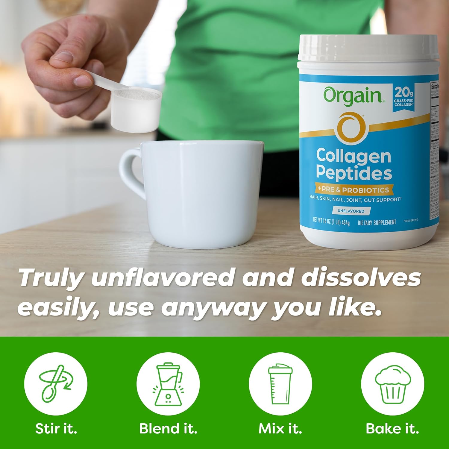 Orgain Hydrolyzed Collagen Peptides + Prebiotic & Probiotics Powder for Women & Men, 20g Grass Fed Collagen, 1 Billion CFU - Supports Digestive, Hair, Skin & Joint Health, Non-GMO, Type I & III, 1lb - Image 8