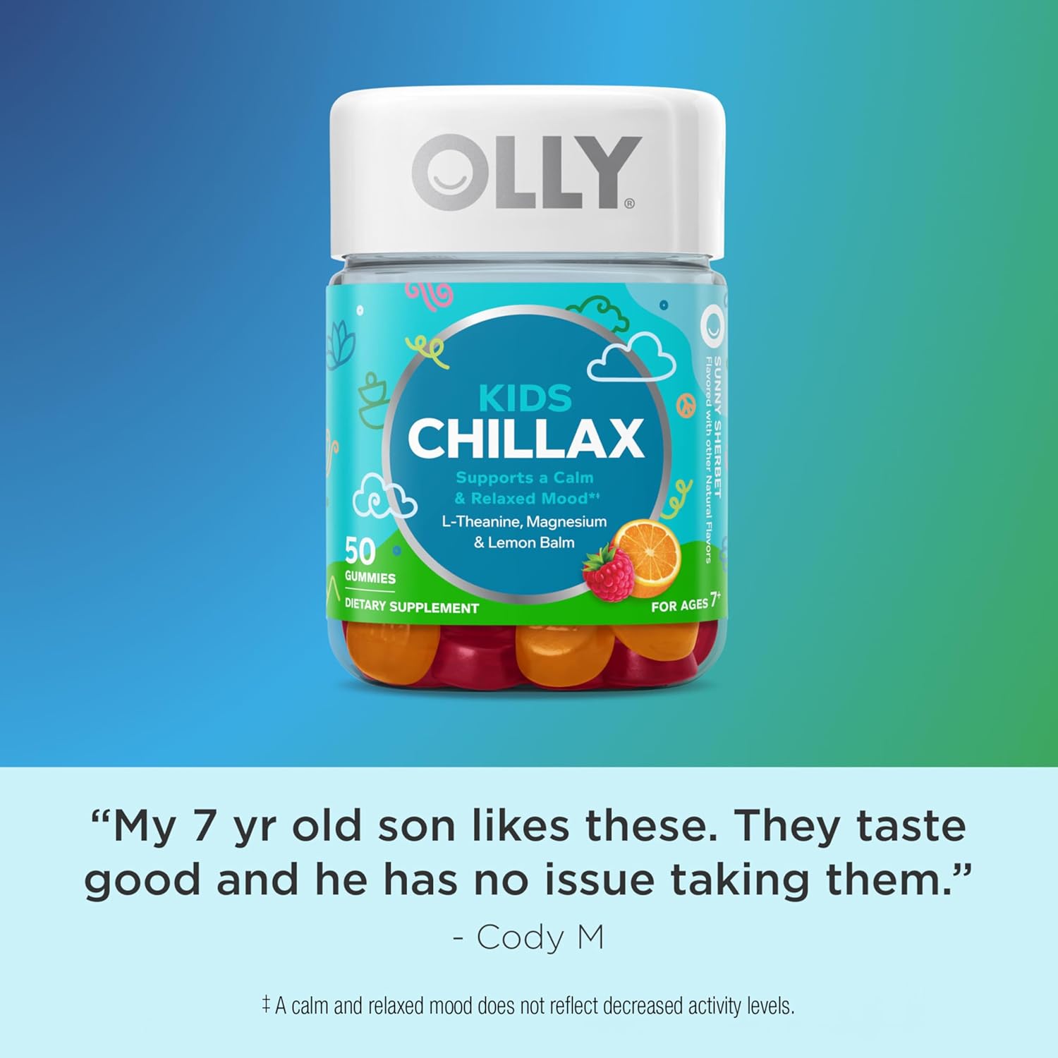 OLLY Kids Chillax Gummy, For a Calm and Relaxed Mood*, Magnesium, L-Theanine, Lemon Balm Extract, Chewable Supplement, Sherbet Flavored, 25 Day Supply - 50 Count (Packaging May Vary) - Image 5