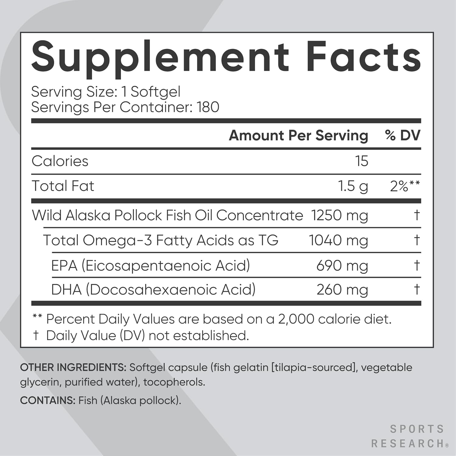 Sports Research® Omega-3 Fish Oil 1250 - Triple Strength Fish Oil Supplement from Wild Alaska Pollock - MSC Certified Sustainable · Non-GMO · Soy Free - 180 Softgel Capsules - Image 5