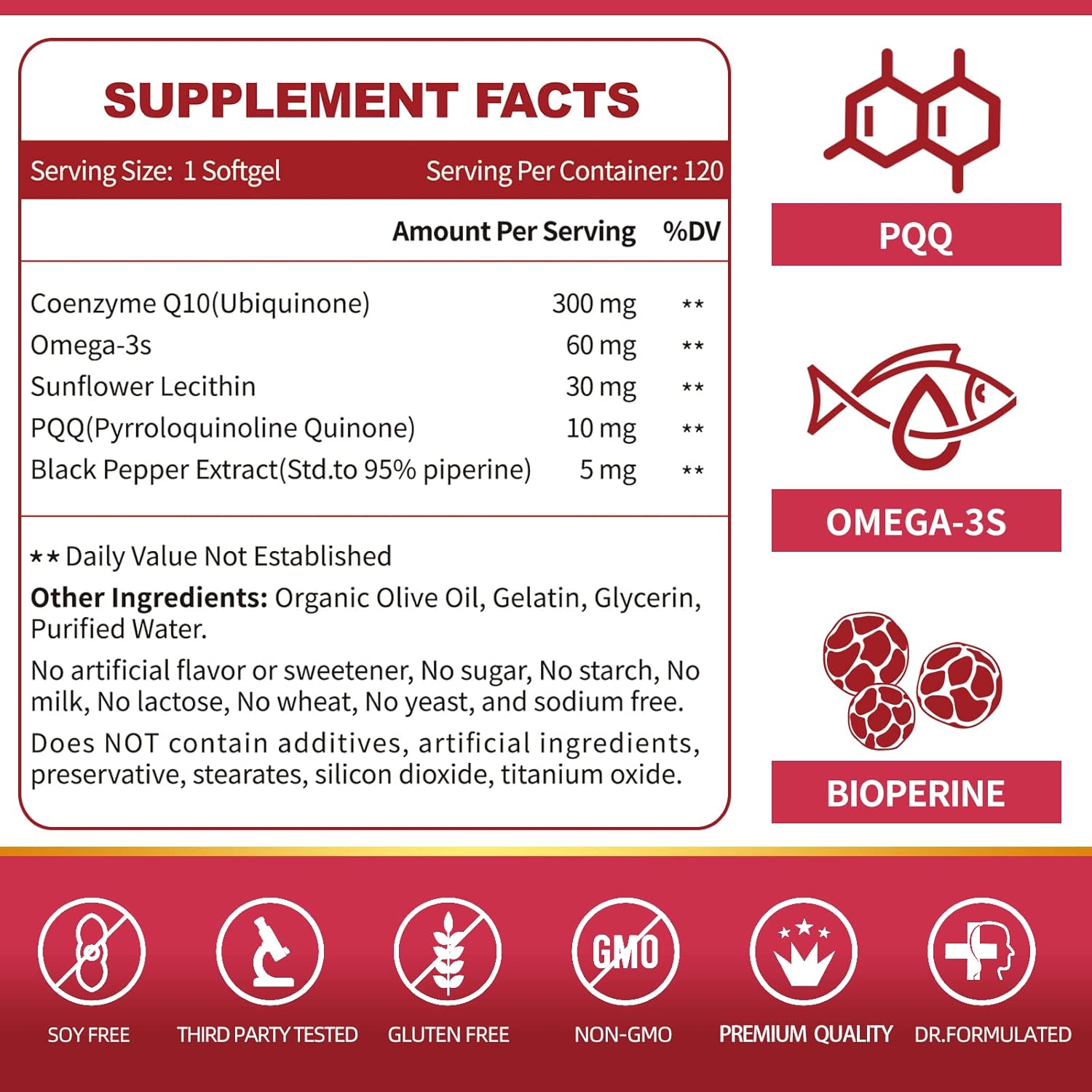 ZEBORA CoQ10-300mg-Softgels with PQQ, BioPerine & Omega-3, 120 Servings Coenzyme Q10 (Ubiquinone) Supplement for High-Absorption, Powerful-Antioxidant, Support Heart-Health & Energy-Production - Image 3