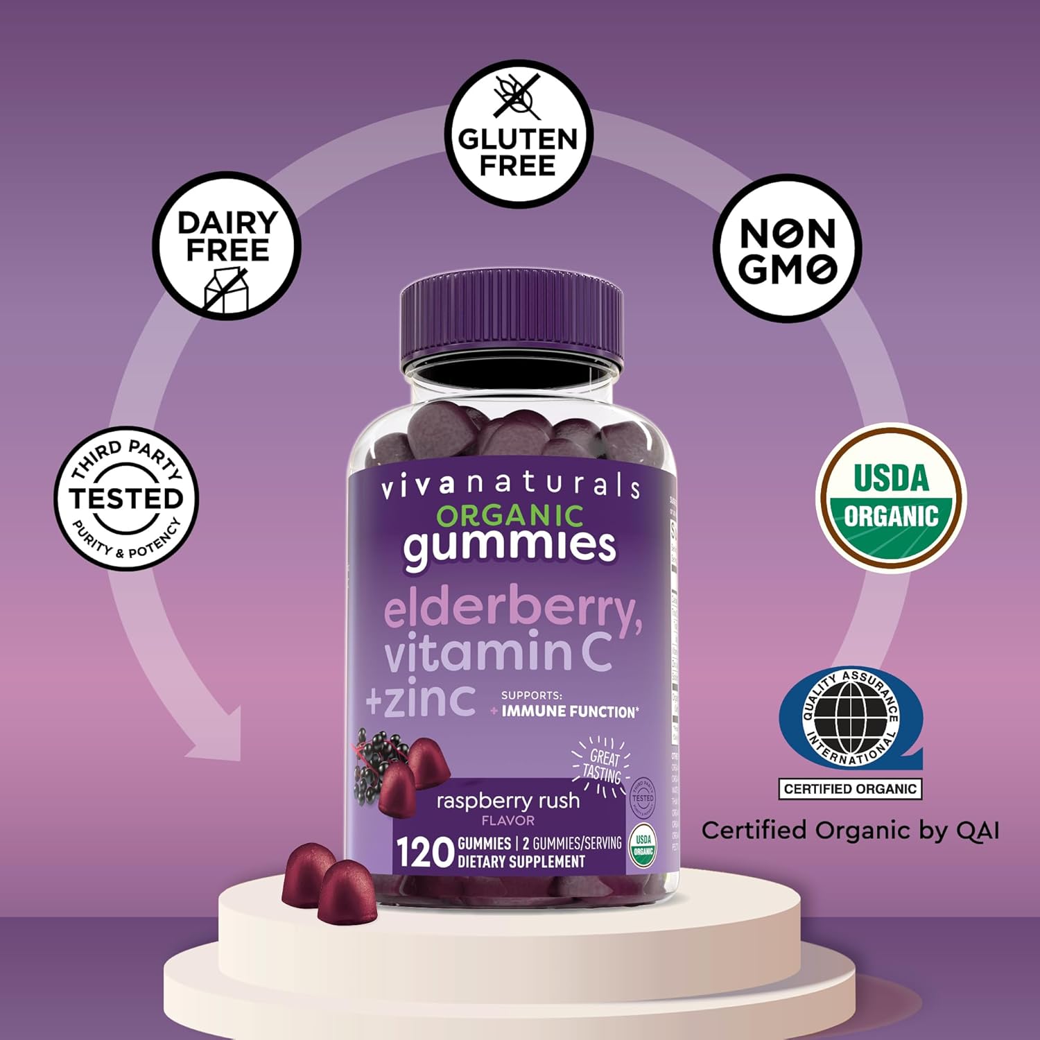 Elderberry Vitamin C and Zinc Immune Support Gummies , Made of 150mg Black Elderberry Per Serving for Adults, Sambucus Elderberry Gummies with Raspberry Rush Flavor, USDA Organic, Non-GMO, (120 Count) - Image 7