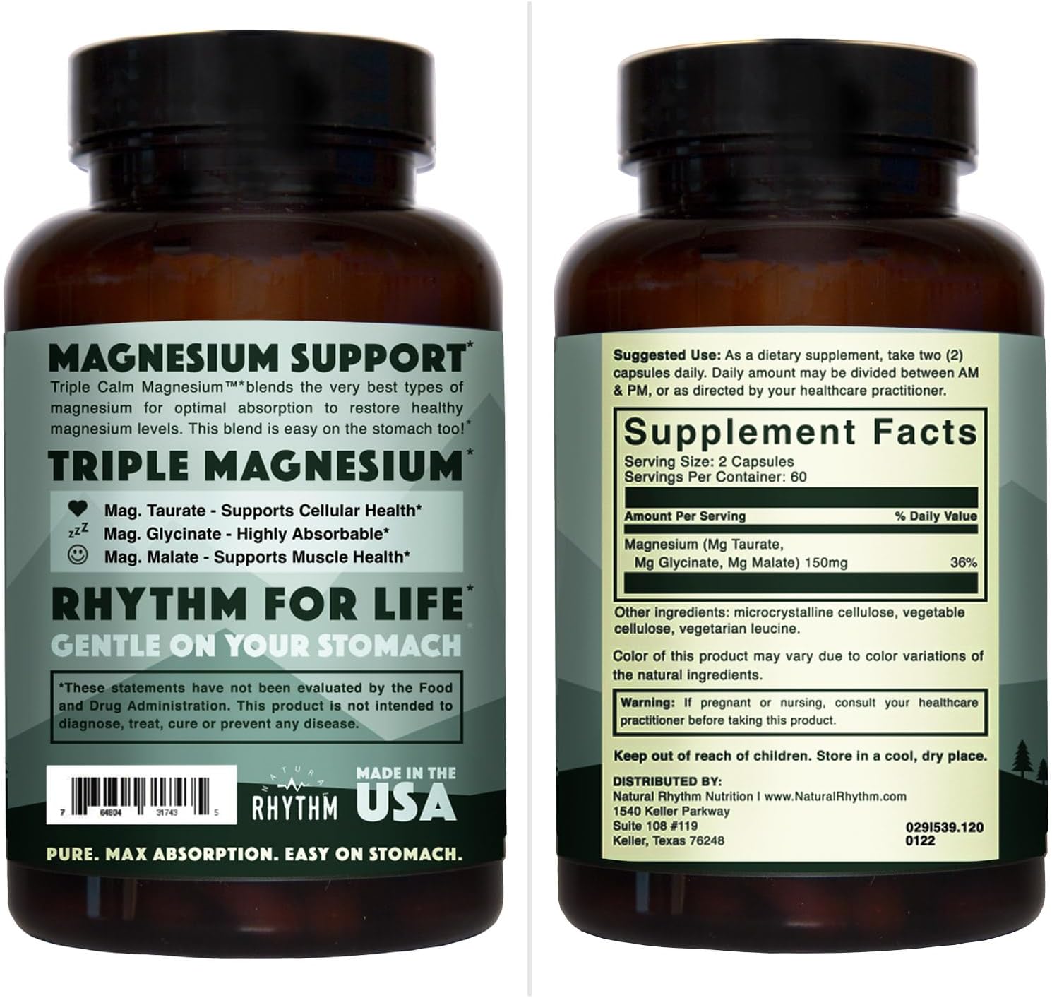 Natural Rhythm Triple Calm Magnesium Complex - 120 Capsules, Chelated Magnesium Glycinate, Taurate & Malate, High Absorption Supplement for Sleep, Stress, Muscle & Heart Support, Non-GMO, Vegan - Image 8
